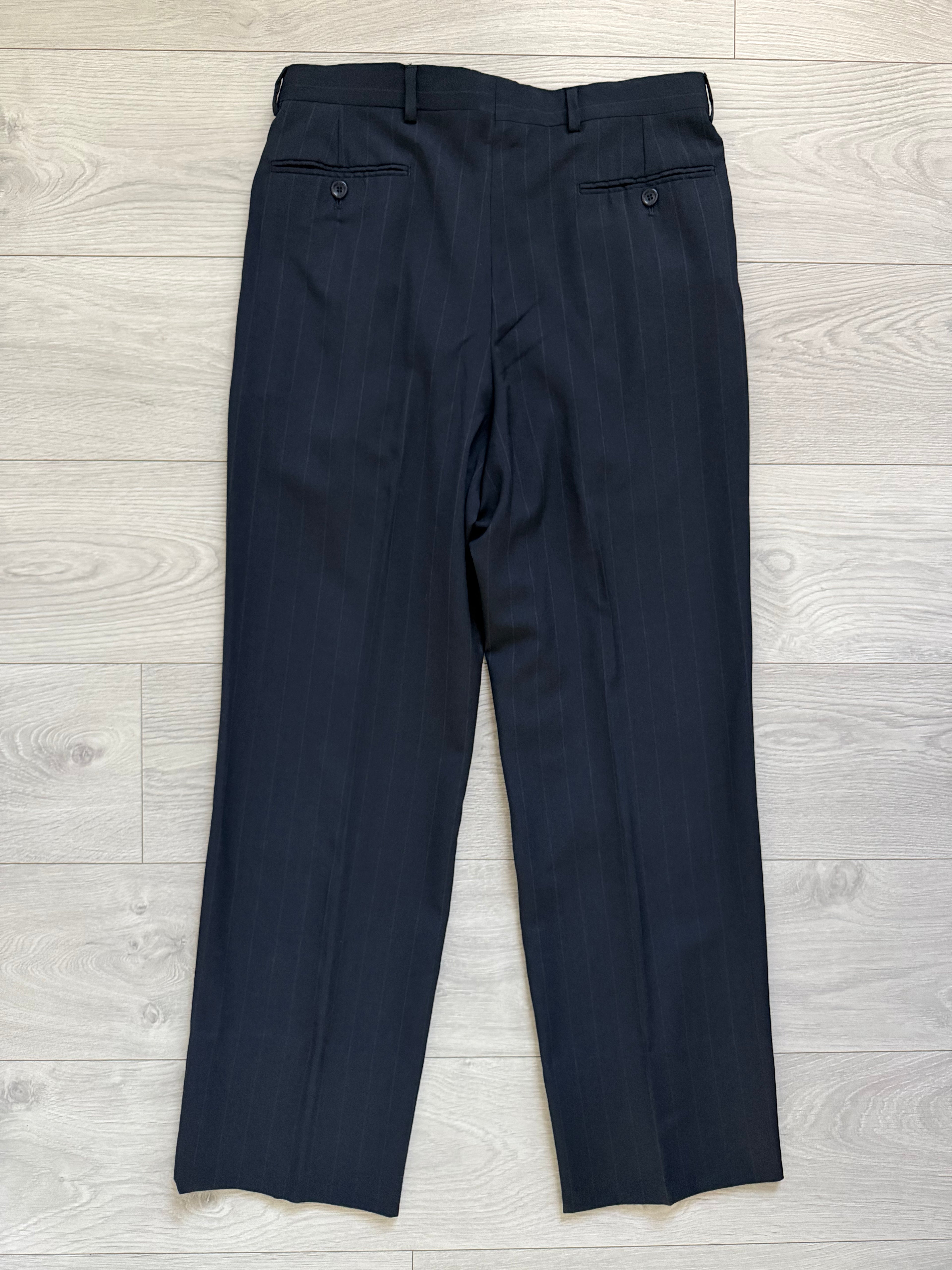 Armani 1990s Pleated 3B Wool Striped Suit Navy Blue- Size S Jacket / 32" Waist