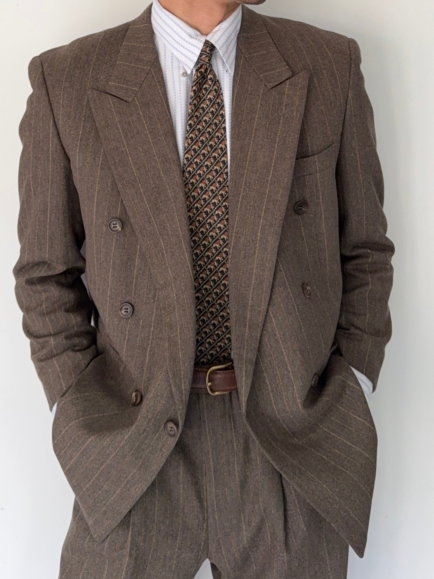 Christian Dior 1980s Peaked Lapel Double Breasted Pleated Wool Suit - Size M Jacket / 32" Waist