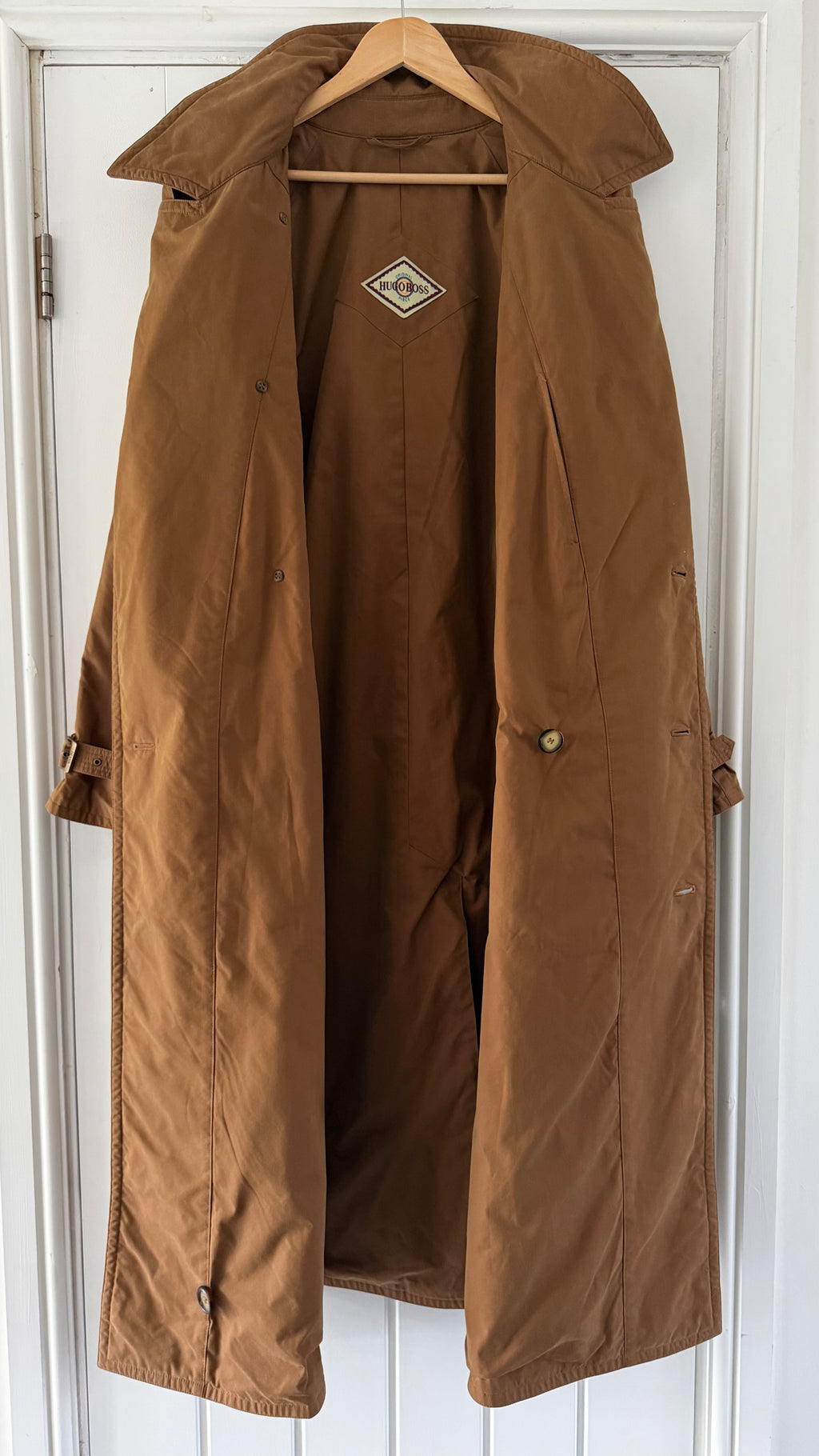 Hugo Boss 1980s Terracotta Brown Cotton Belted Power Trench Coat - Size L