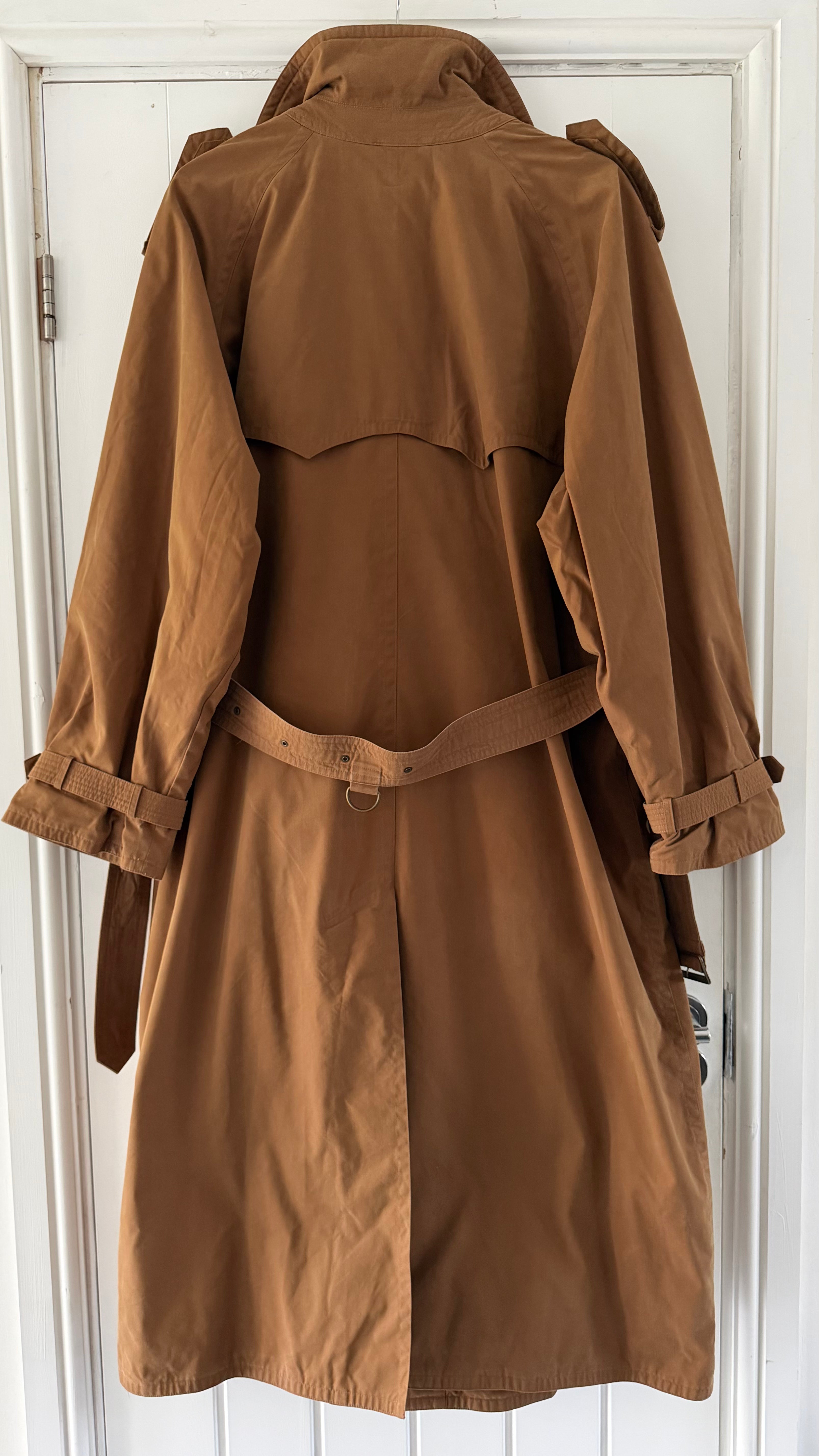 Hugo Boss 1980s Terracotta Brown Cotton Belted Power Trench Coat - Size L