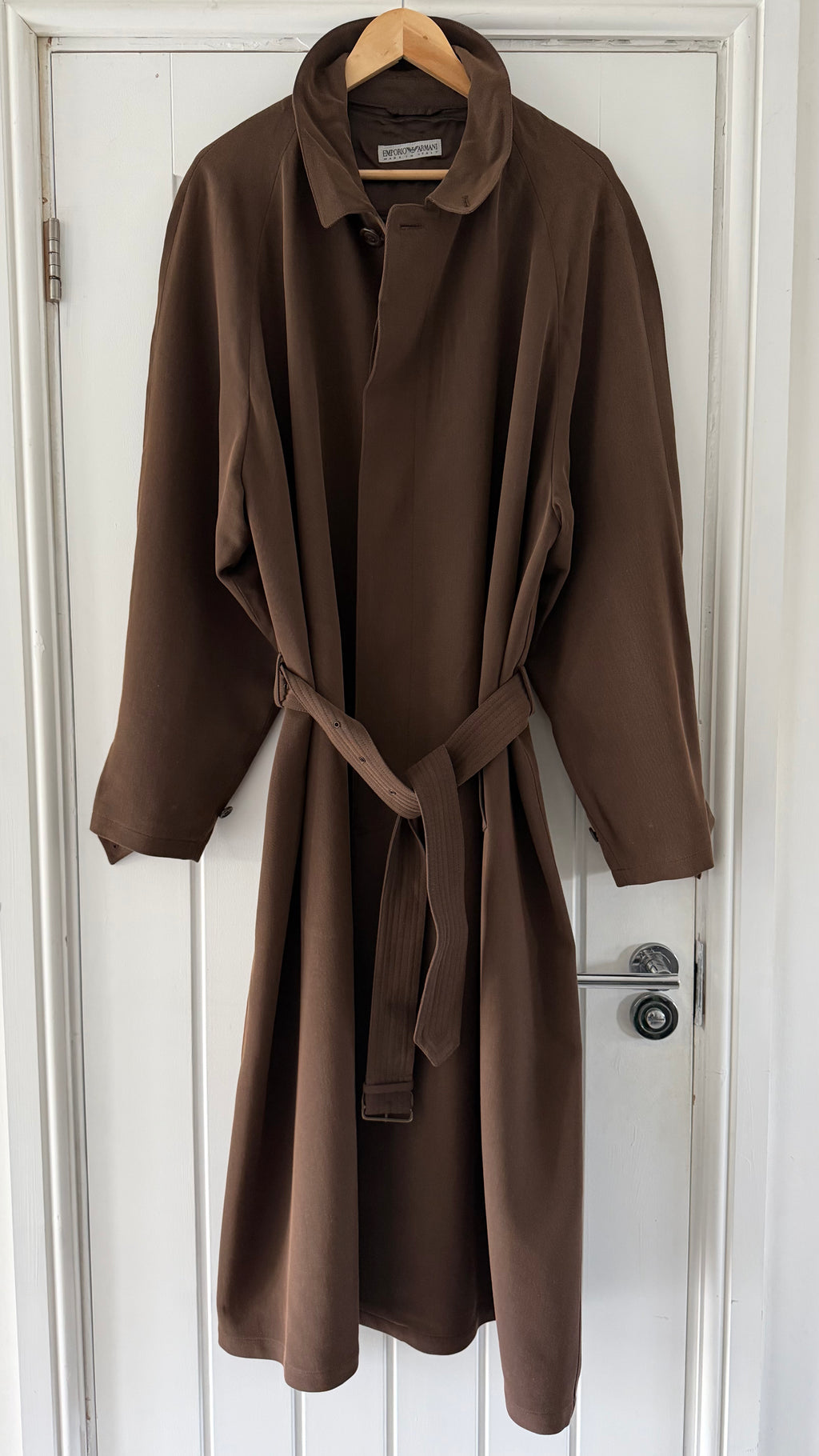 Emporio Armani 1990s Belted Chocolate Brown Draped Long Coat - Size L