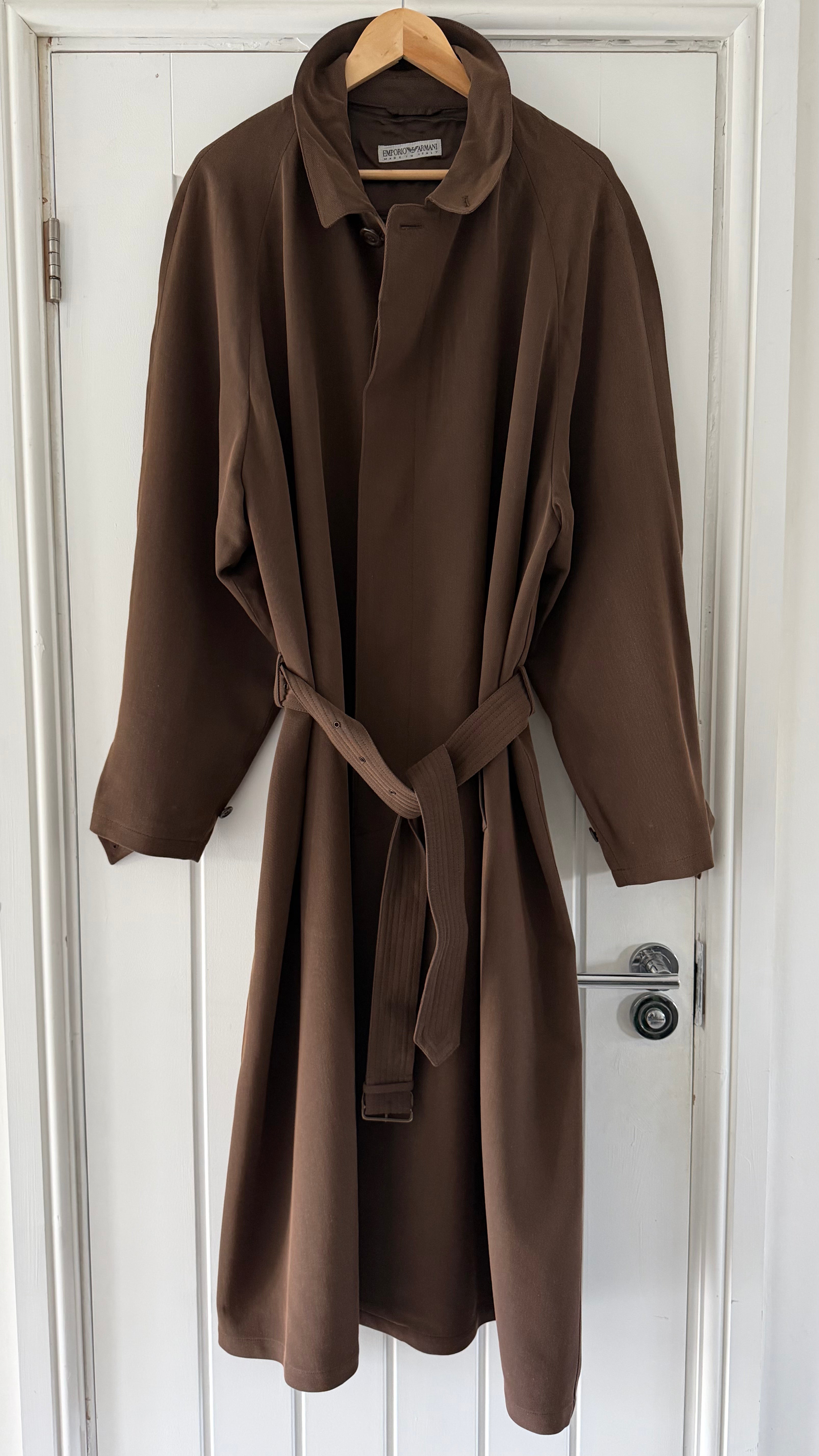 Emporio Armani 1990s Belted Chocolate Brown Draped Long Coat - Size L