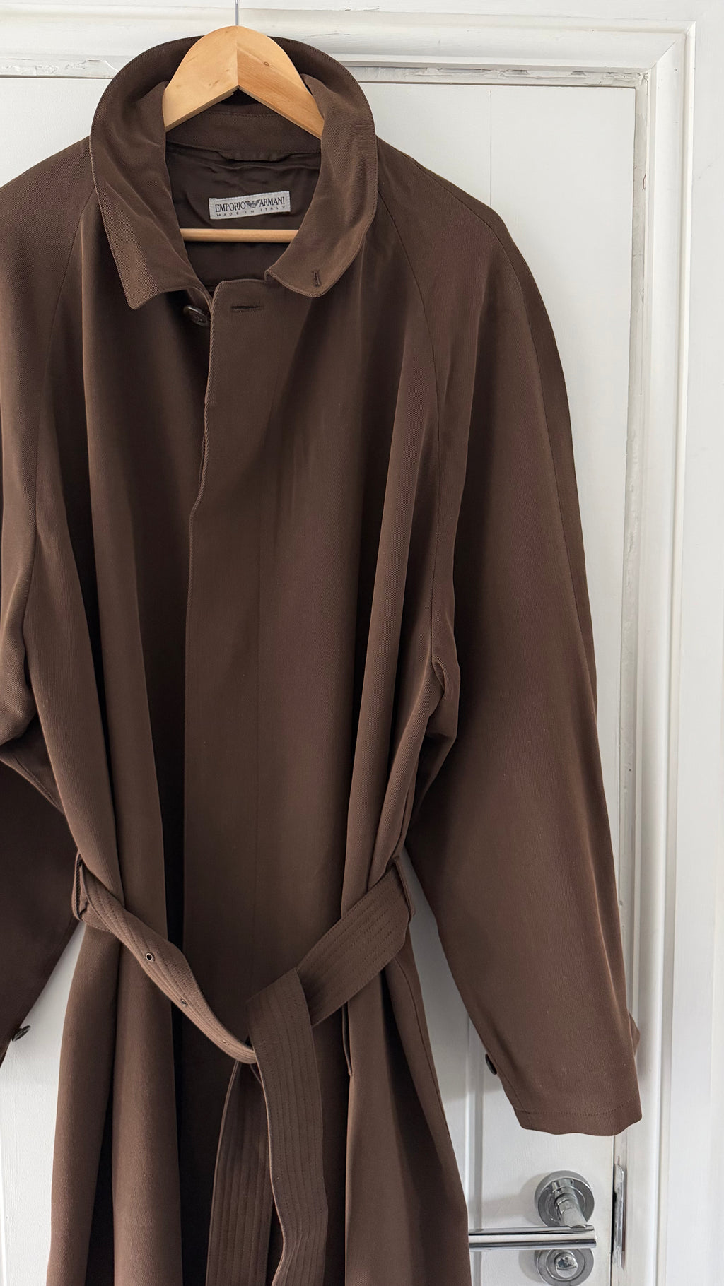 Emporio Armani 1990s Belted Chocolate Brown Draped Long Coat - Size L