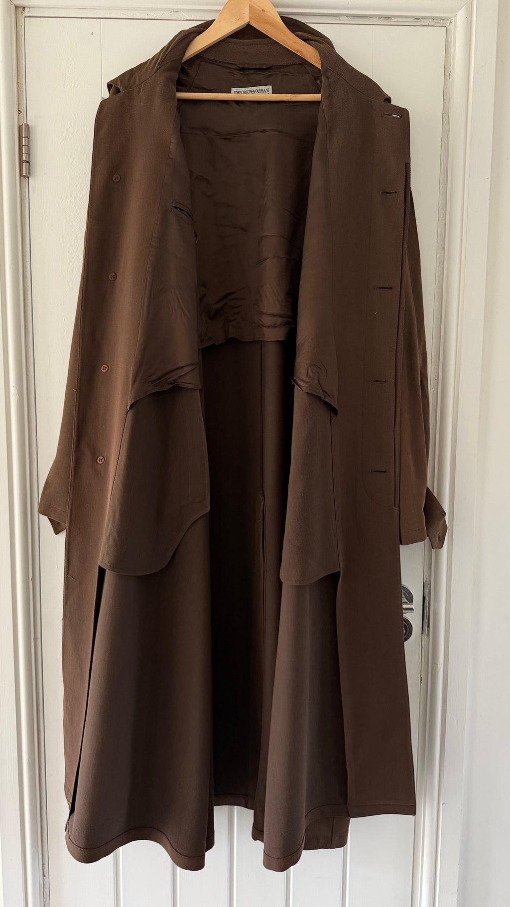 Emporio Armani 1990s Belted Chocolate Brown Draped Long Coat - Size L