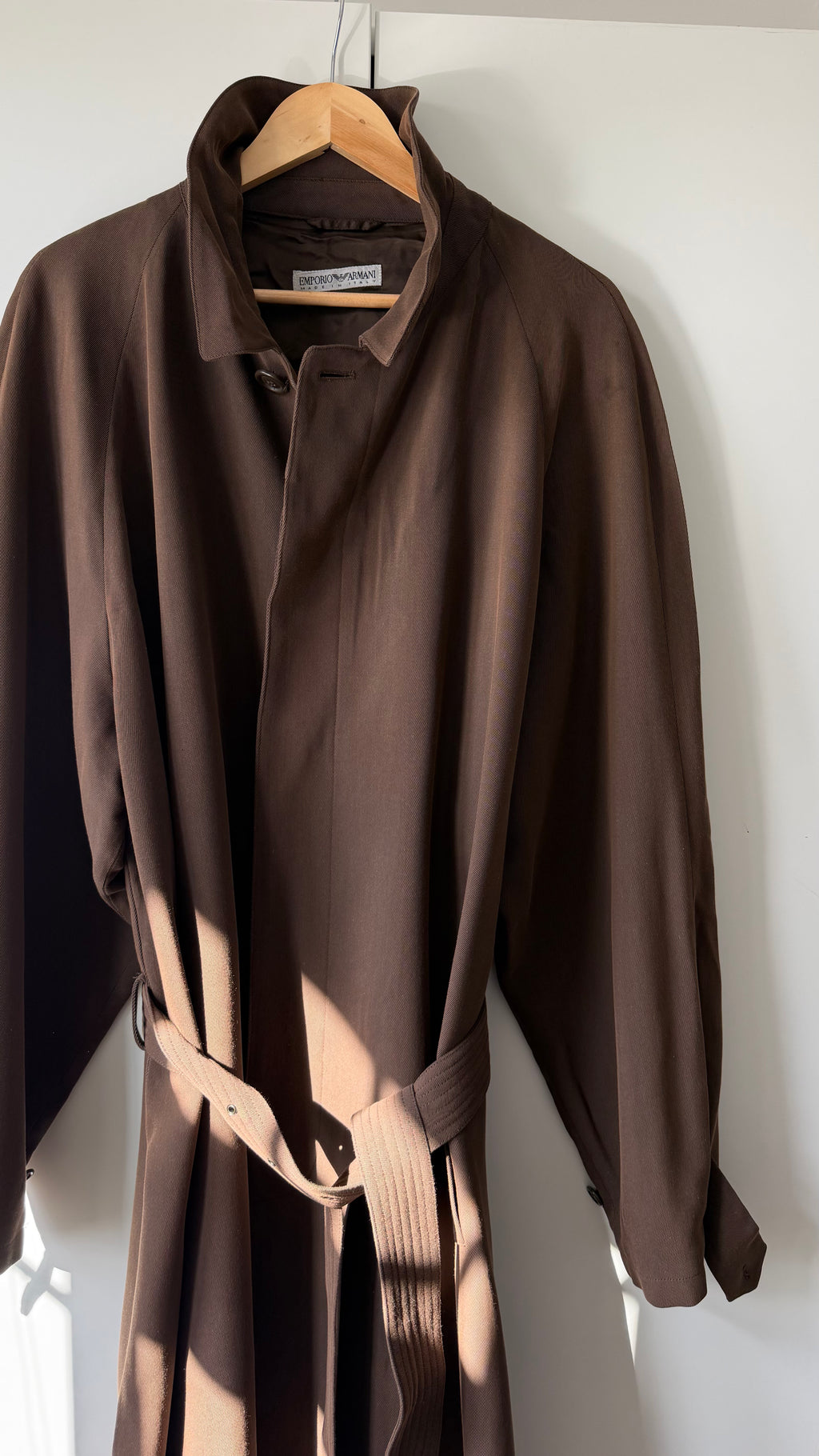 Emporio Armani 1990s Belted Chocolate Brown Draped Long Coat - Size L