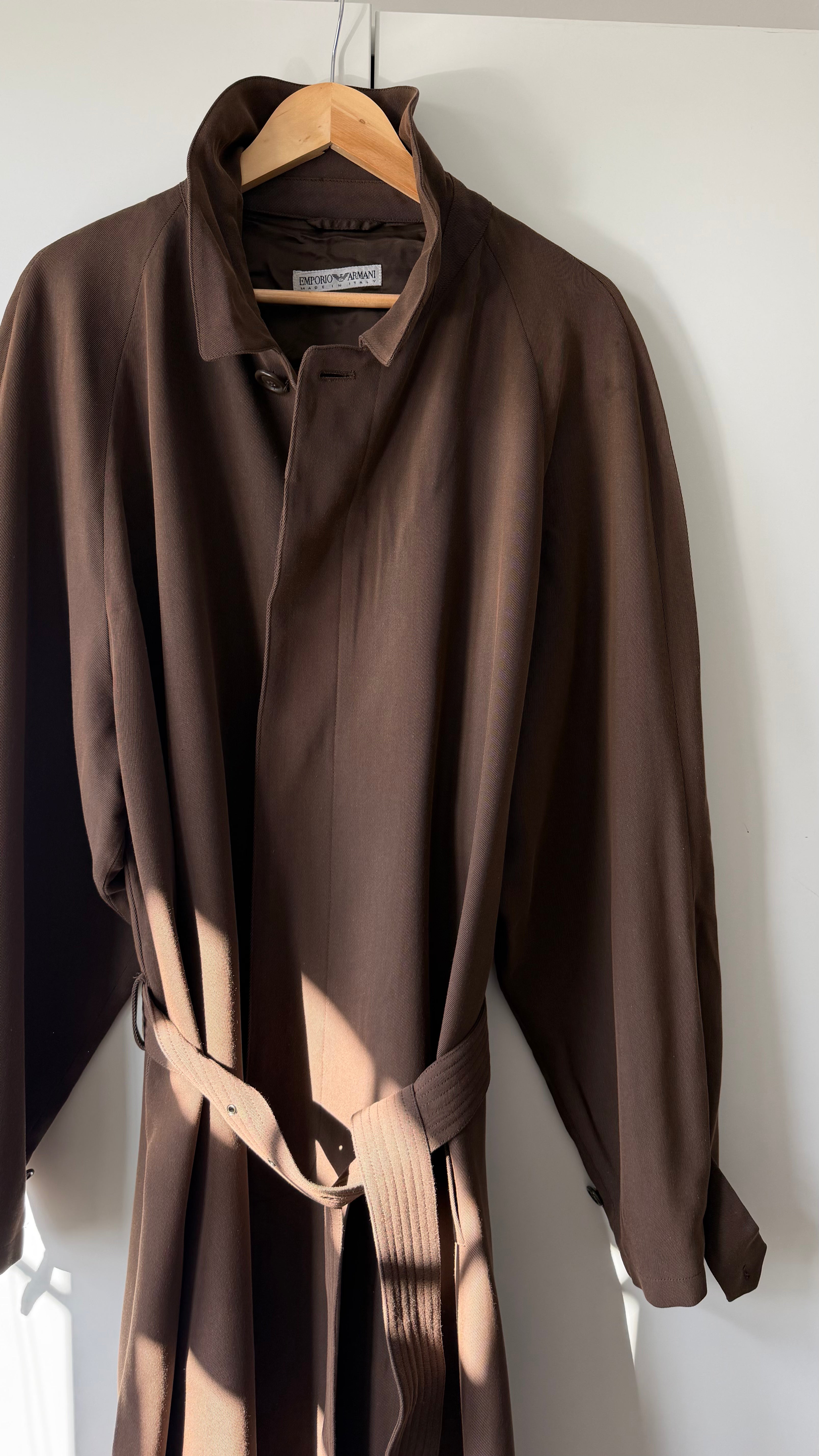 Emporio Armani 1990s Belted Chocolate Brown Draped Long Coat - Size L