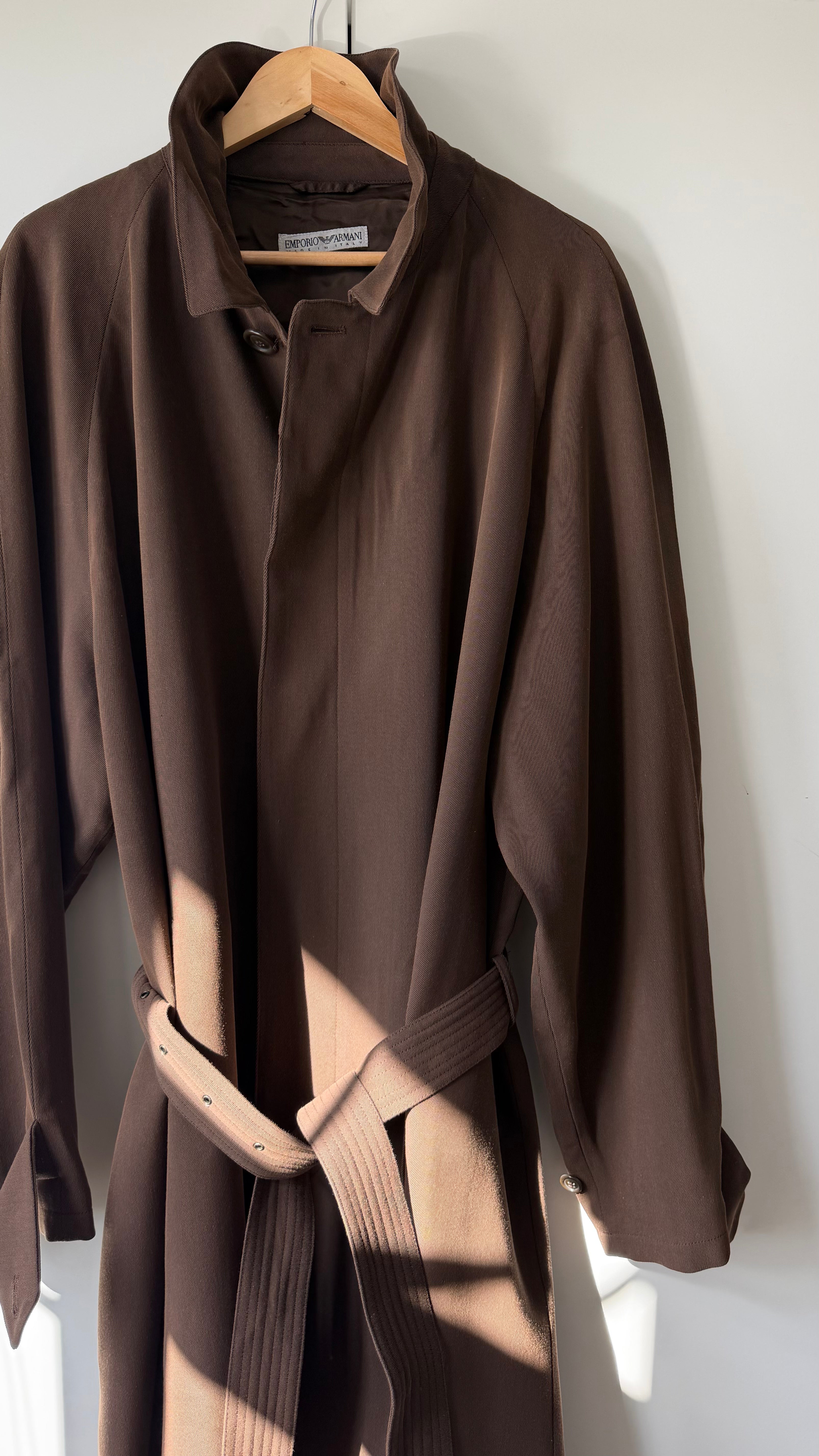 Emporio Armani 1990s Belted Chocolate Brown Draped Long Coat - Size L