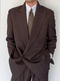 Valentino 1980s Peaked Lapel Double Breasted Pleated Brown Wool Suit - Size L Jacket / 34" Waist