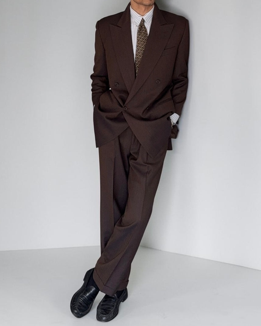 Valentino 1980s Peaked Lapel Double Breasted Pleated Brown Wool Suit - Size L Jacket / 34" Waist