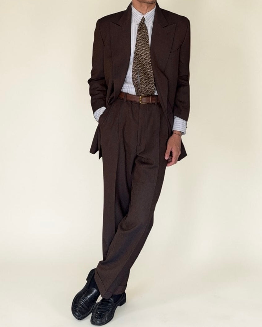 Valentino 1980s Peaked Lapel Double Breasted Pleated Brown Wool Suit - Size L Jacket / 34" Waist