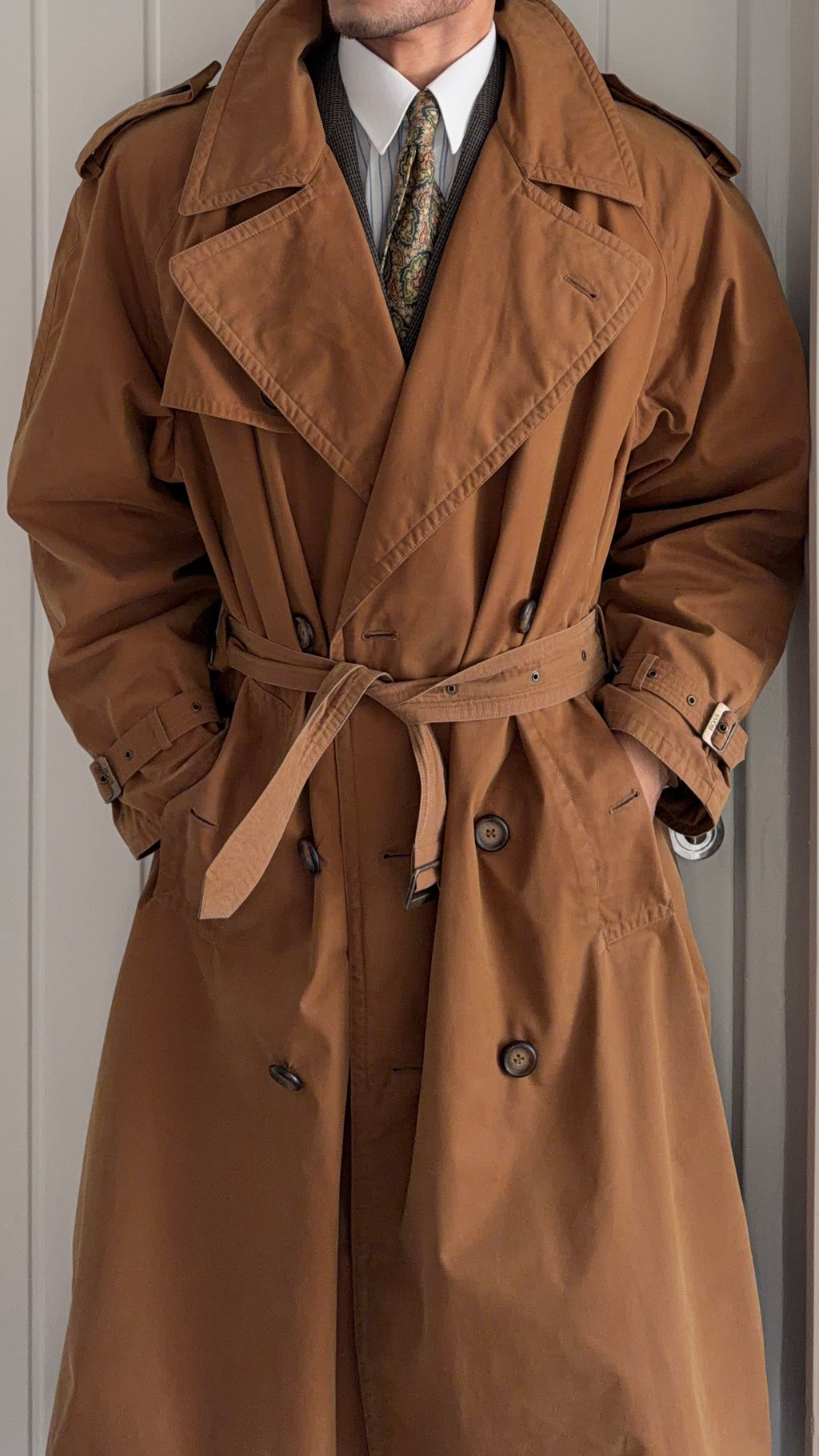 Hugo Boss 1980s Terracotta Brown Cotton Belted Power Trench Coat - Size L