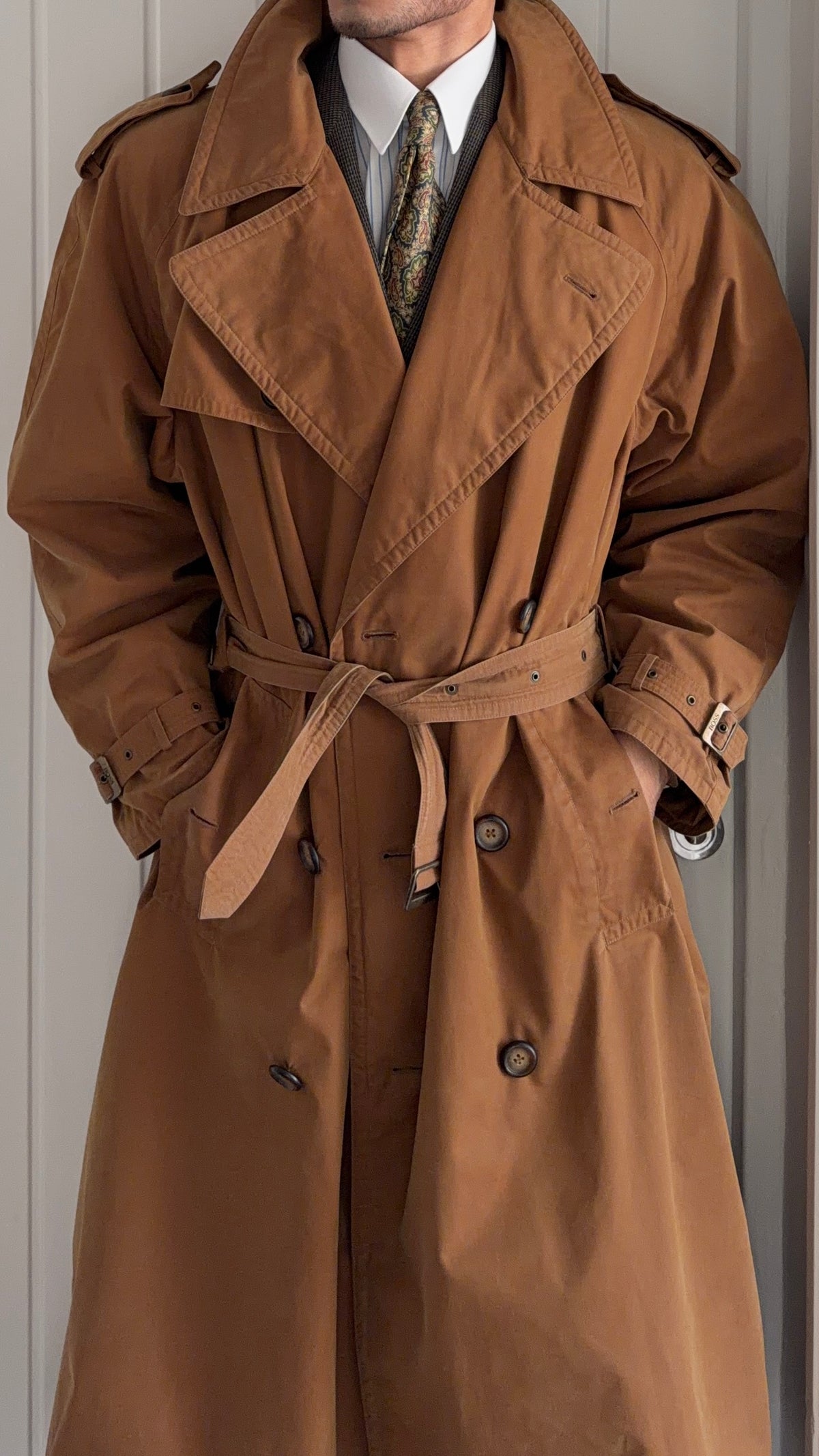 Hugo Boss 1980s Terracotta Brown Cotton Belted Power Trench Coat - Size L