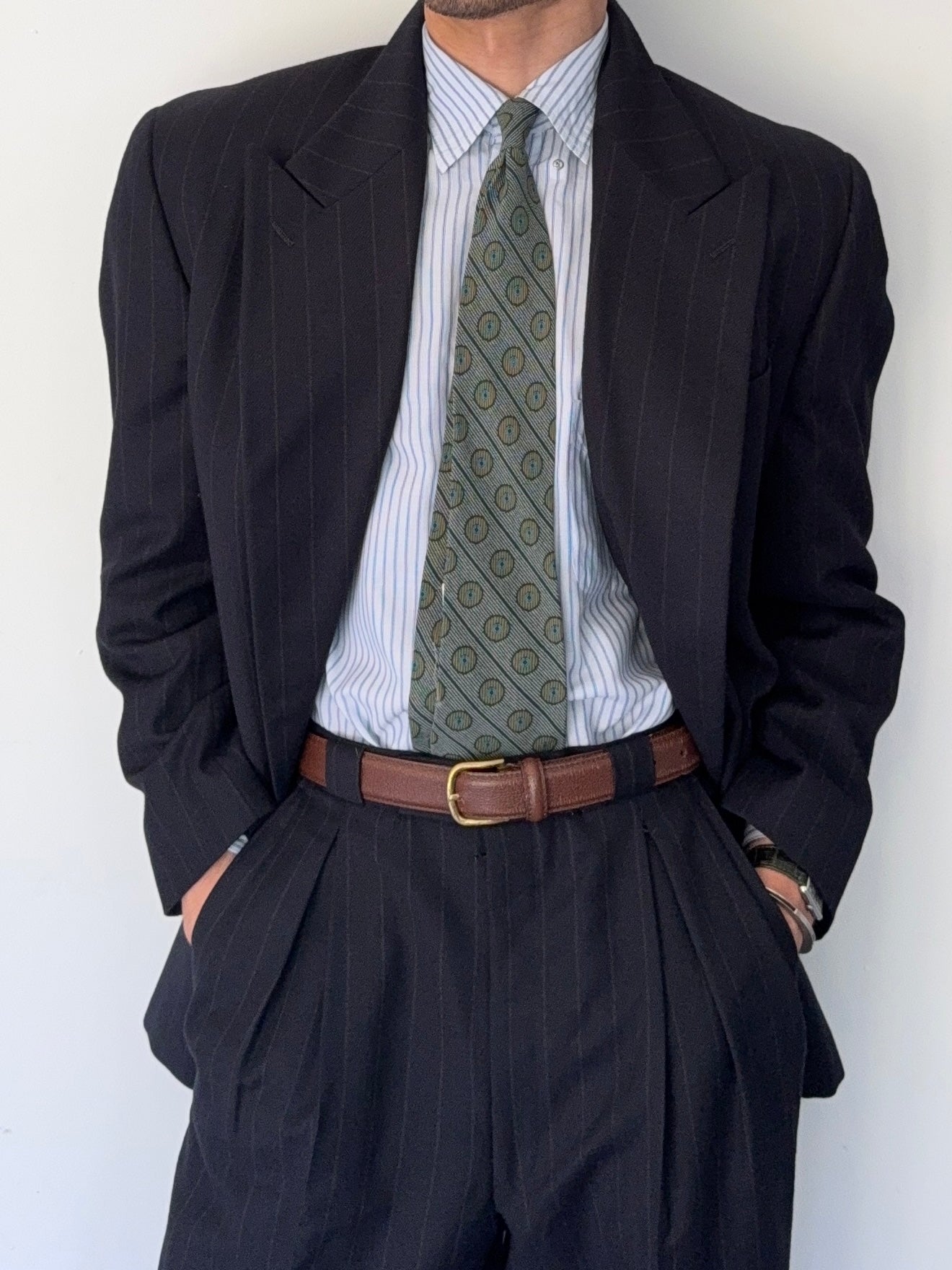 Emporio Armani 1990s Peaked Lapel Double Breasted Striped Wool