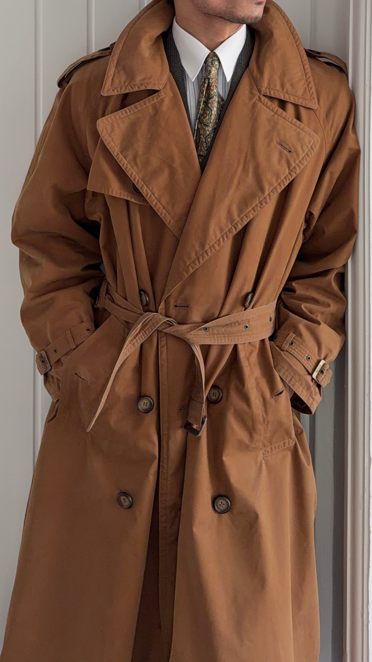 Hugo Boss 1980s Terracotta Brown Cotton Belted Power Trench Coat - Size L