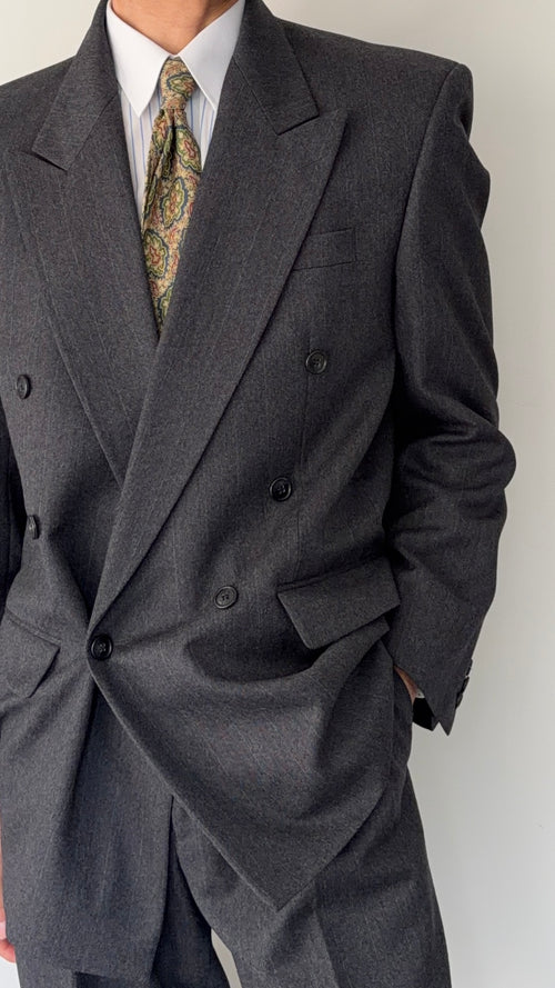 1980s Vintage Peaked Lapel Double Breasted Pleated Wool Power Suit - L Jacket / 34" Waist