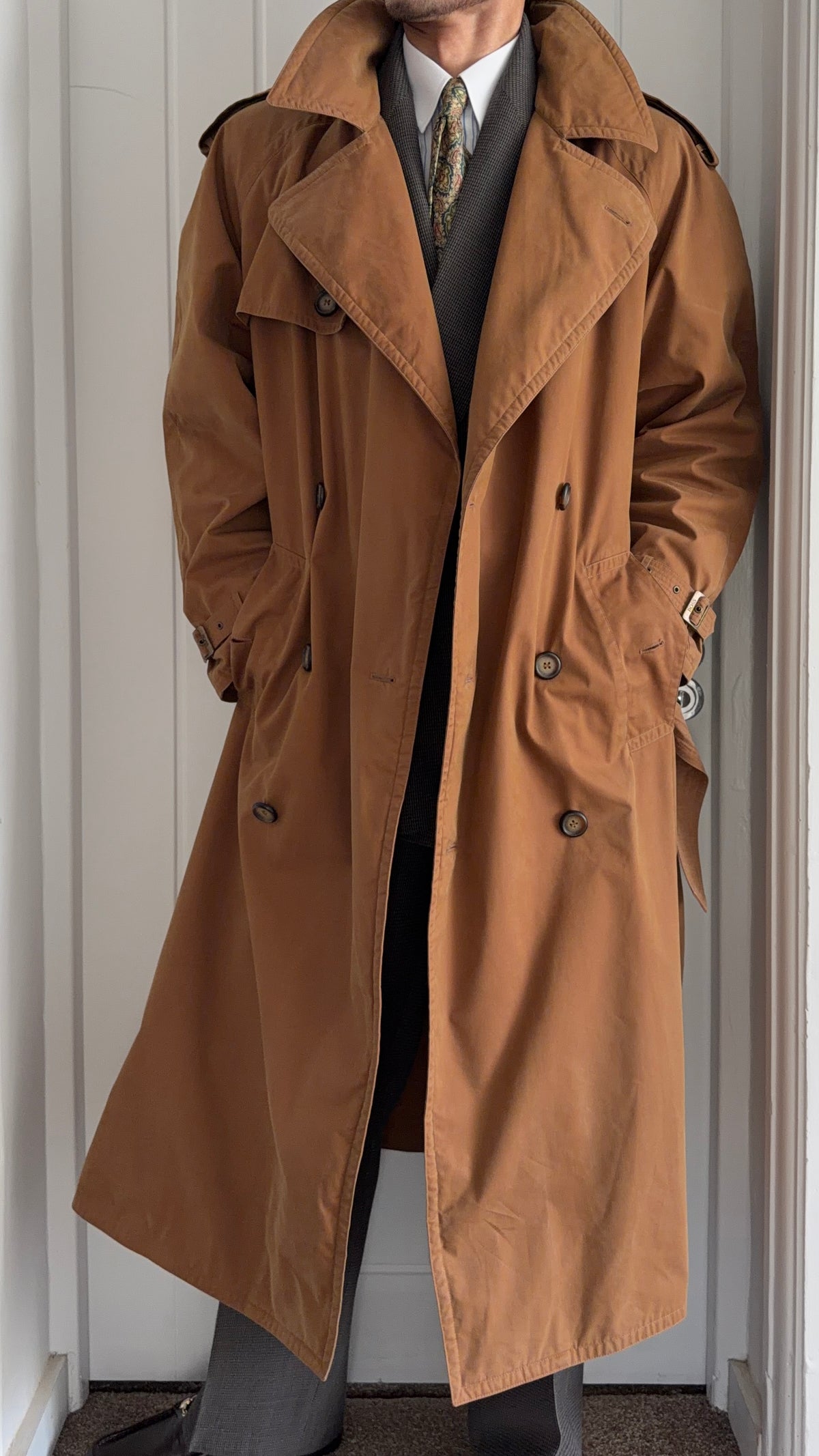 Hugo Boss 1980s Terracotta Brown Cotton Belted Power Trench Coat - Size L