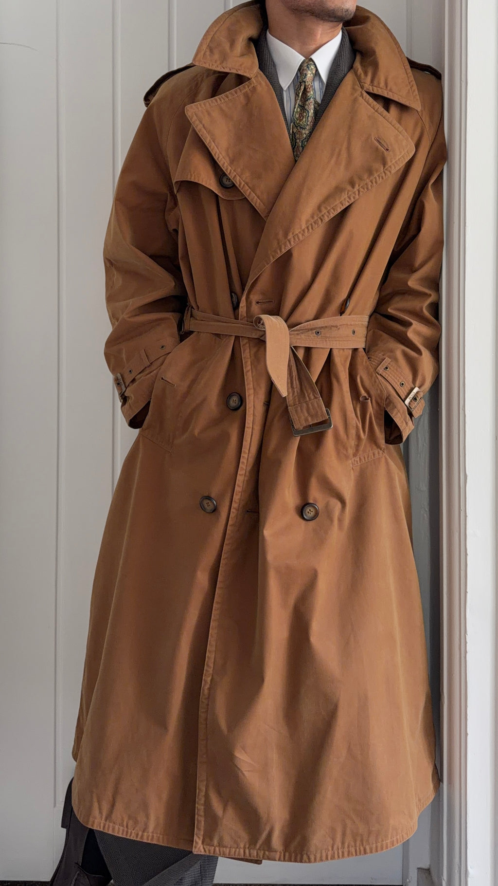 Hugo Boss 1980s Terracotta Brown Cotton Belted Power Trench Coat - Size L
