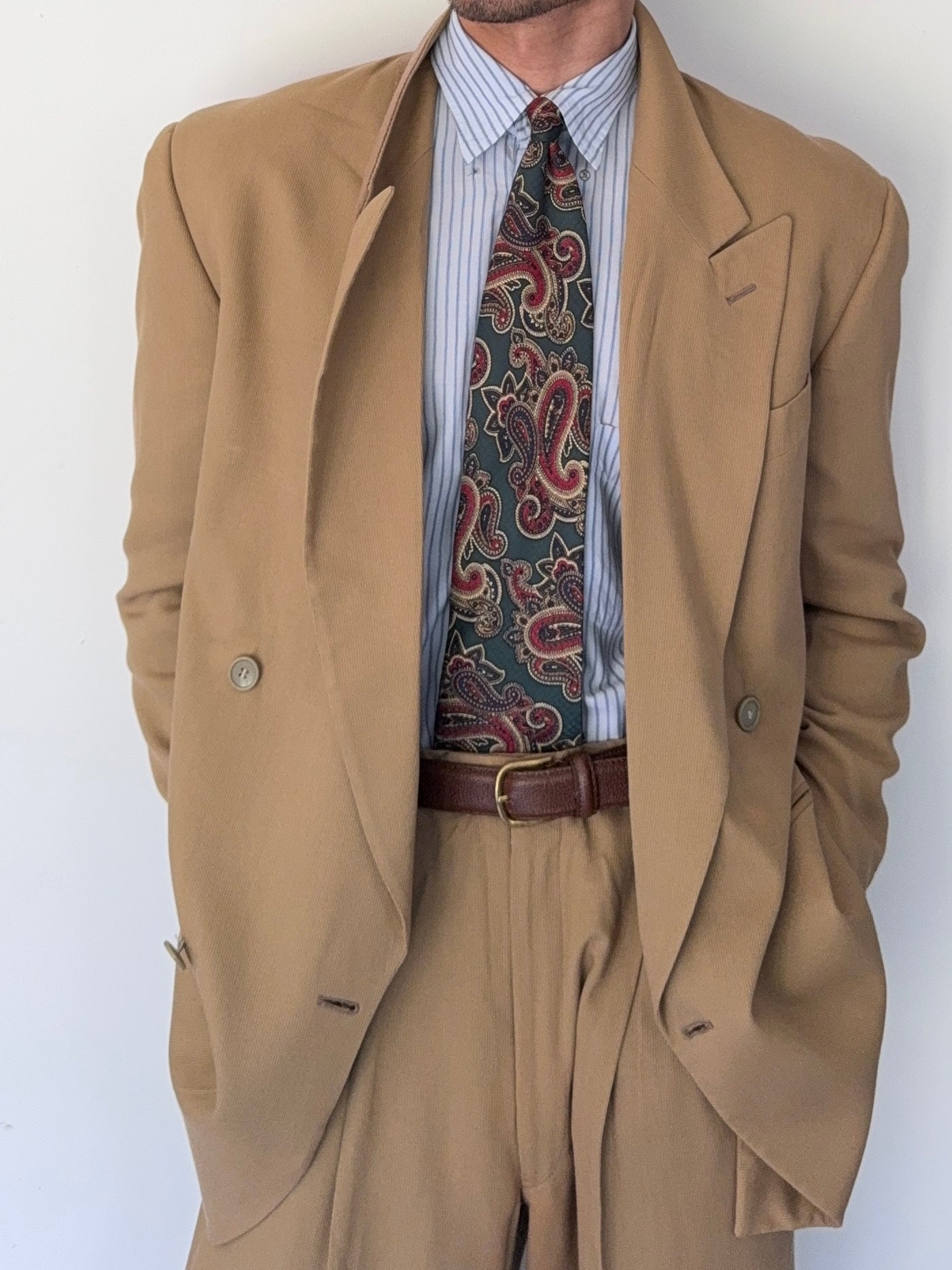 スーツ 90s EMPORIO ARMANI Stand Collar Corduroy Emporio Armani 1990s Peaked Lapel Double Breasted Draped