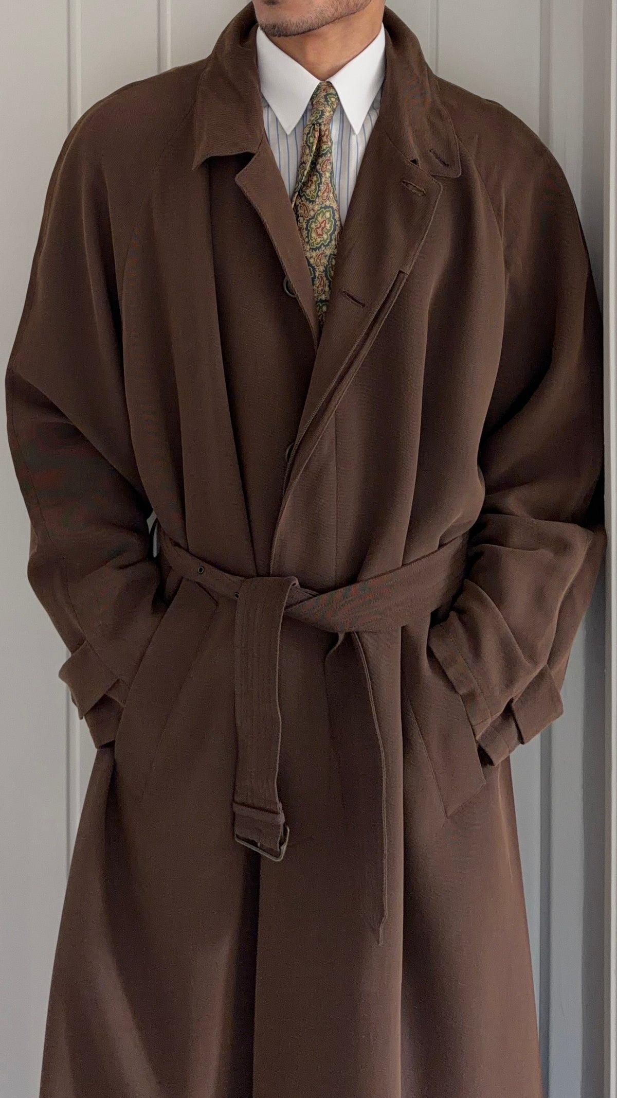 Emporio Armani 1990s Belted Chocolate Brown Draped Long Coat - Size L