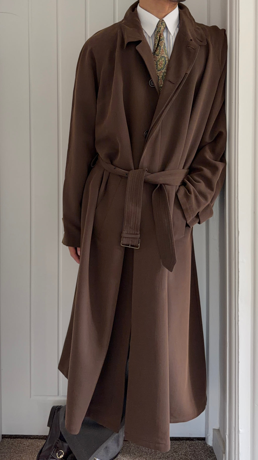 Emporio Armani 1990s Belted Chocolate Brown Draped Long Coat - Size L