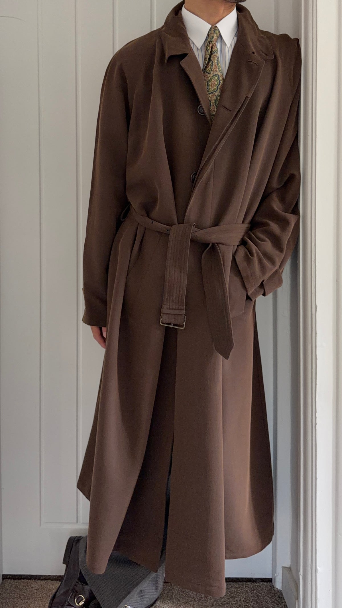 Emporio Armani 1990s Belted Chocolate Brown Draped Long Coat - Size L