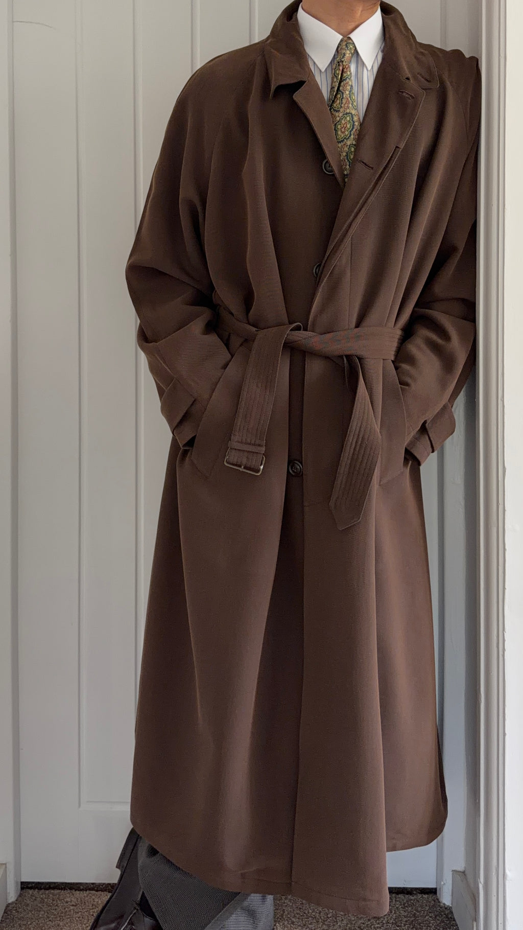Emporio Armani 1990s Belted Chocolate Brown Draped Long Coat - Size L