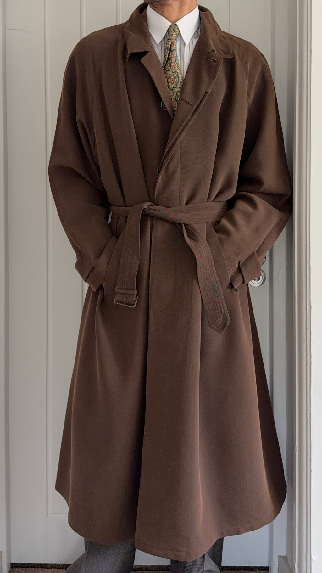 Emporio Armani 1990s Belted Chocolate Brown Draped Long Coat - Size L