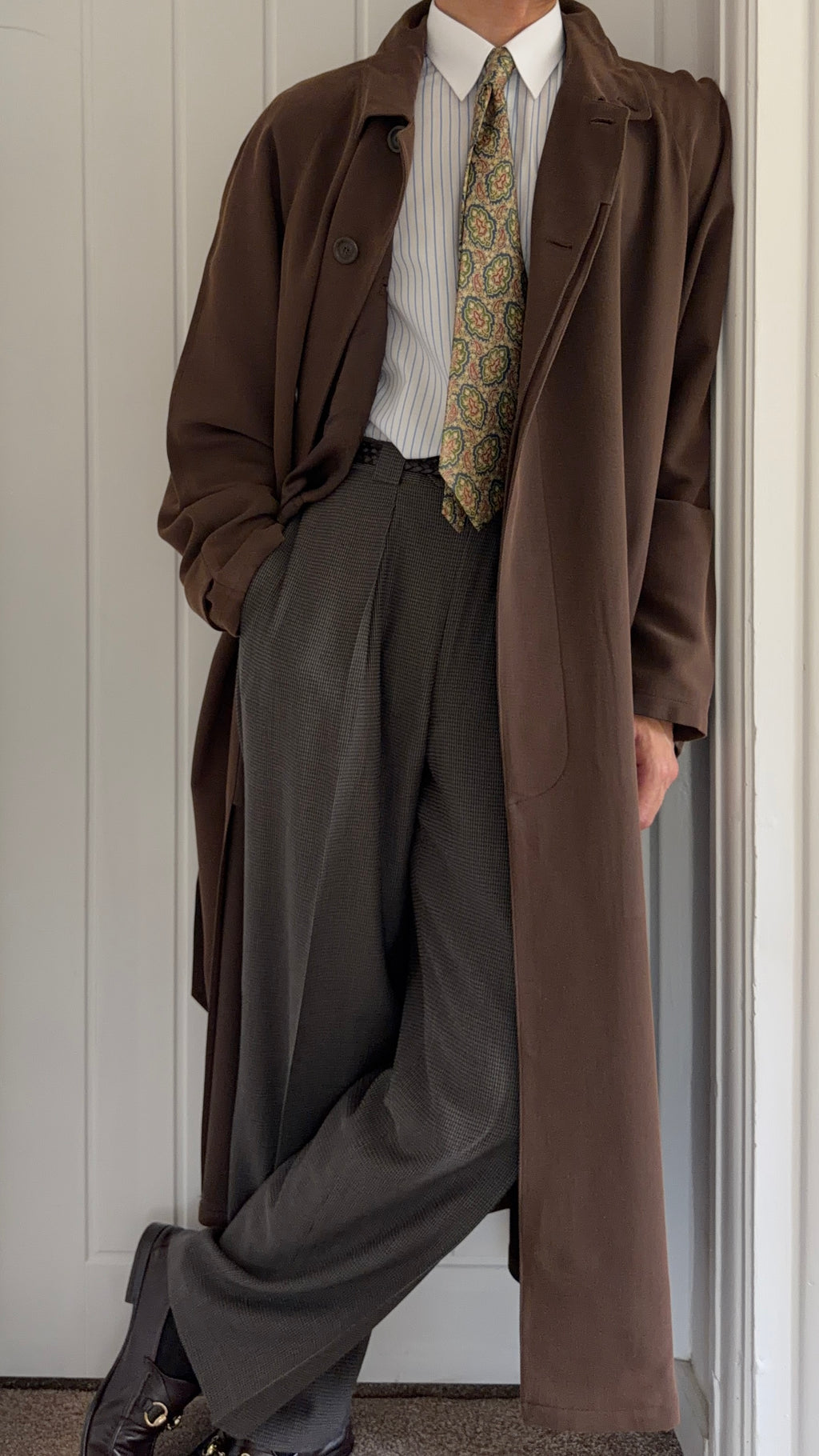 Emporio Armani 1990s Belted Chocolate Brown Draped Long Coat - Size L