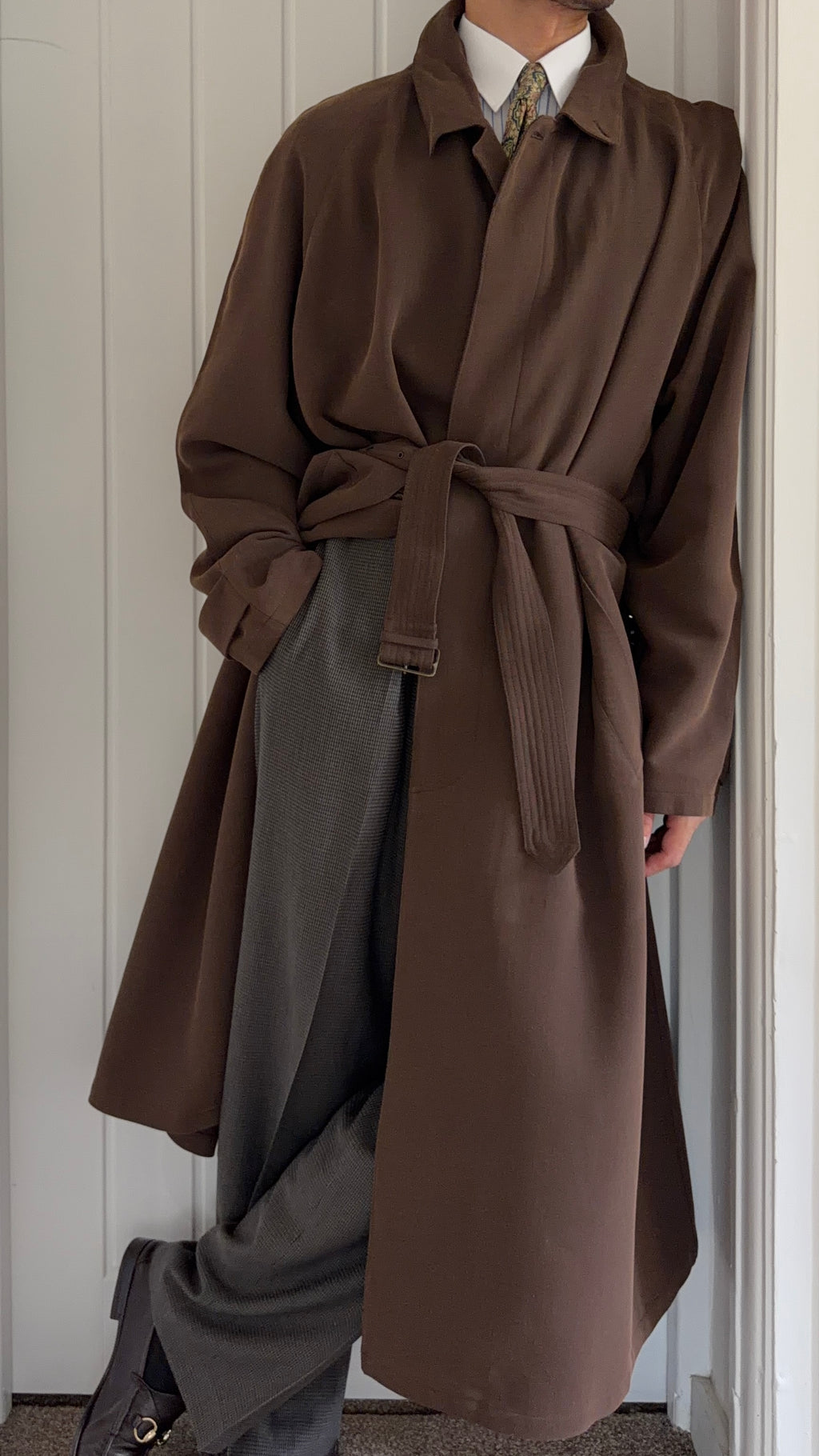 Emporio Armani 1990s Belted Chocolate Brown Draped Long Coat - Size L