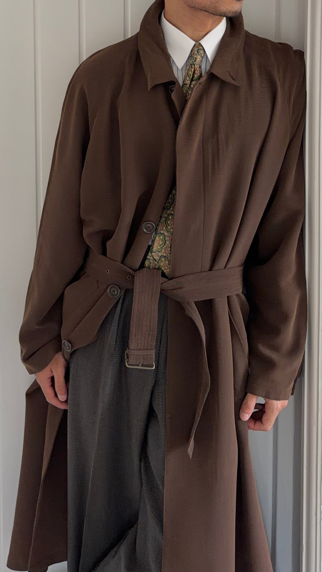 Emporio Armani 1990s Belted Chocolate Brown Draped Long Coat - Size L
