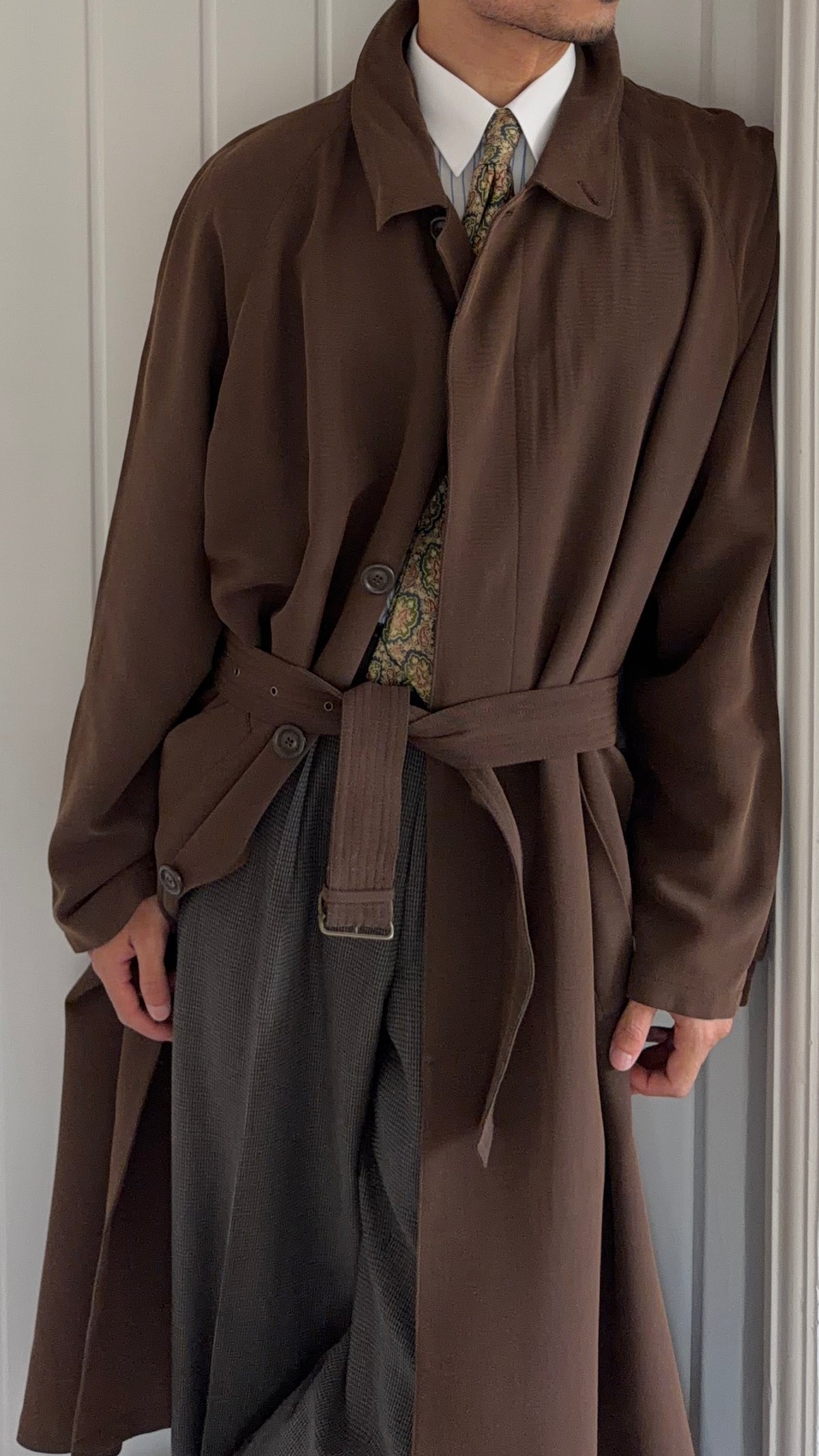 Emporio Armani 1990s Belted Chocolate Brown Draped Long Coat - Size L