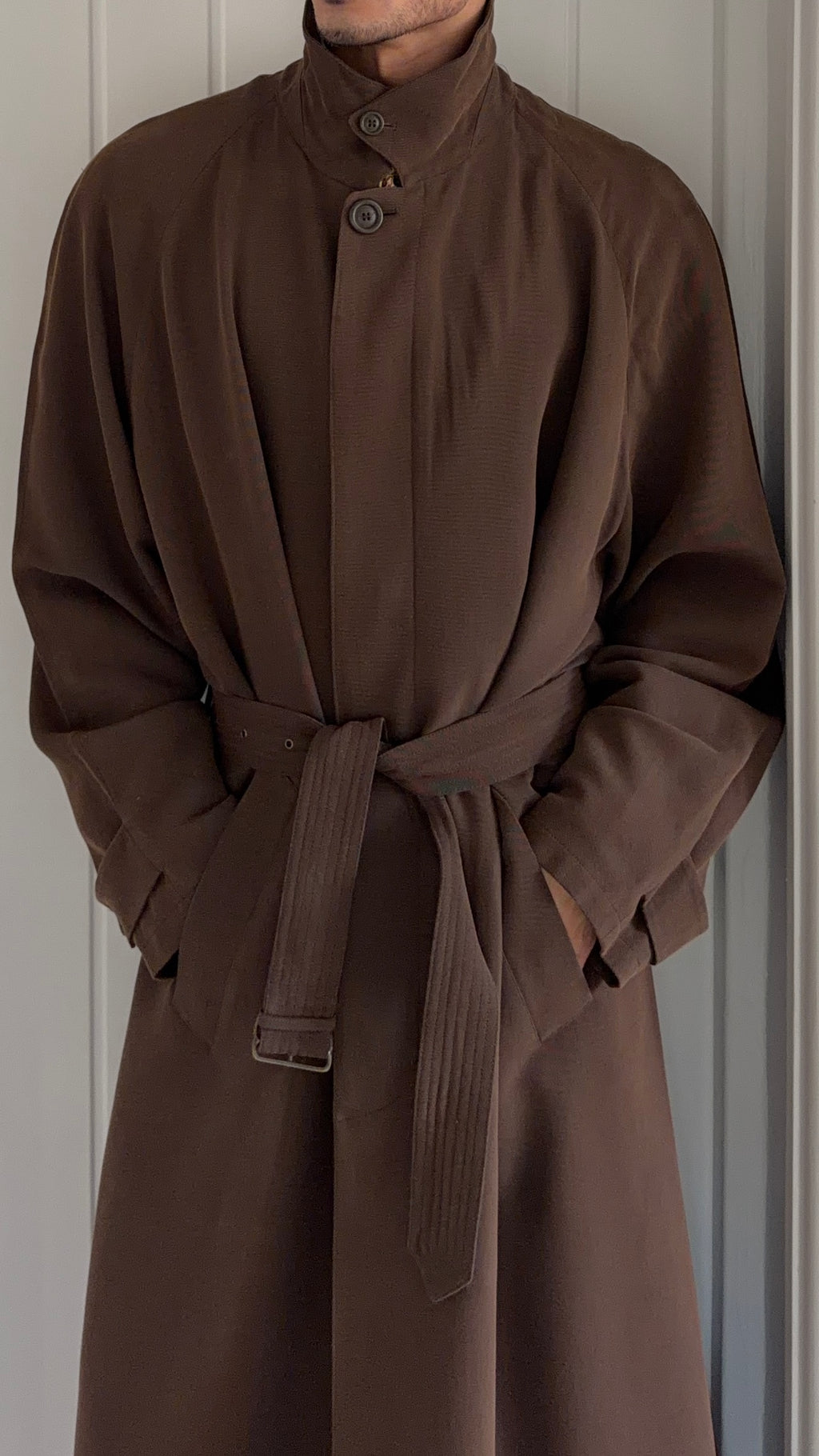 Emporio Armani 1990s Belted Chocolate Brown Draped Long Coat - Size L