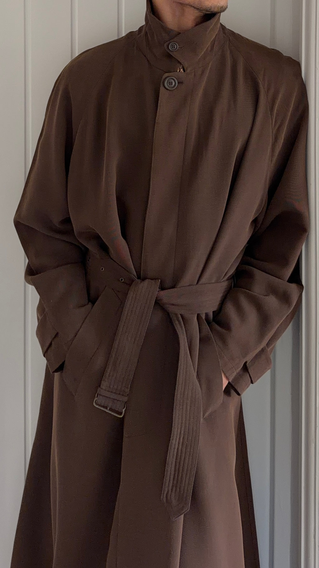 Emporio Armani 1990s Belted Chocolate Brown Draped Long Coat - Size L
