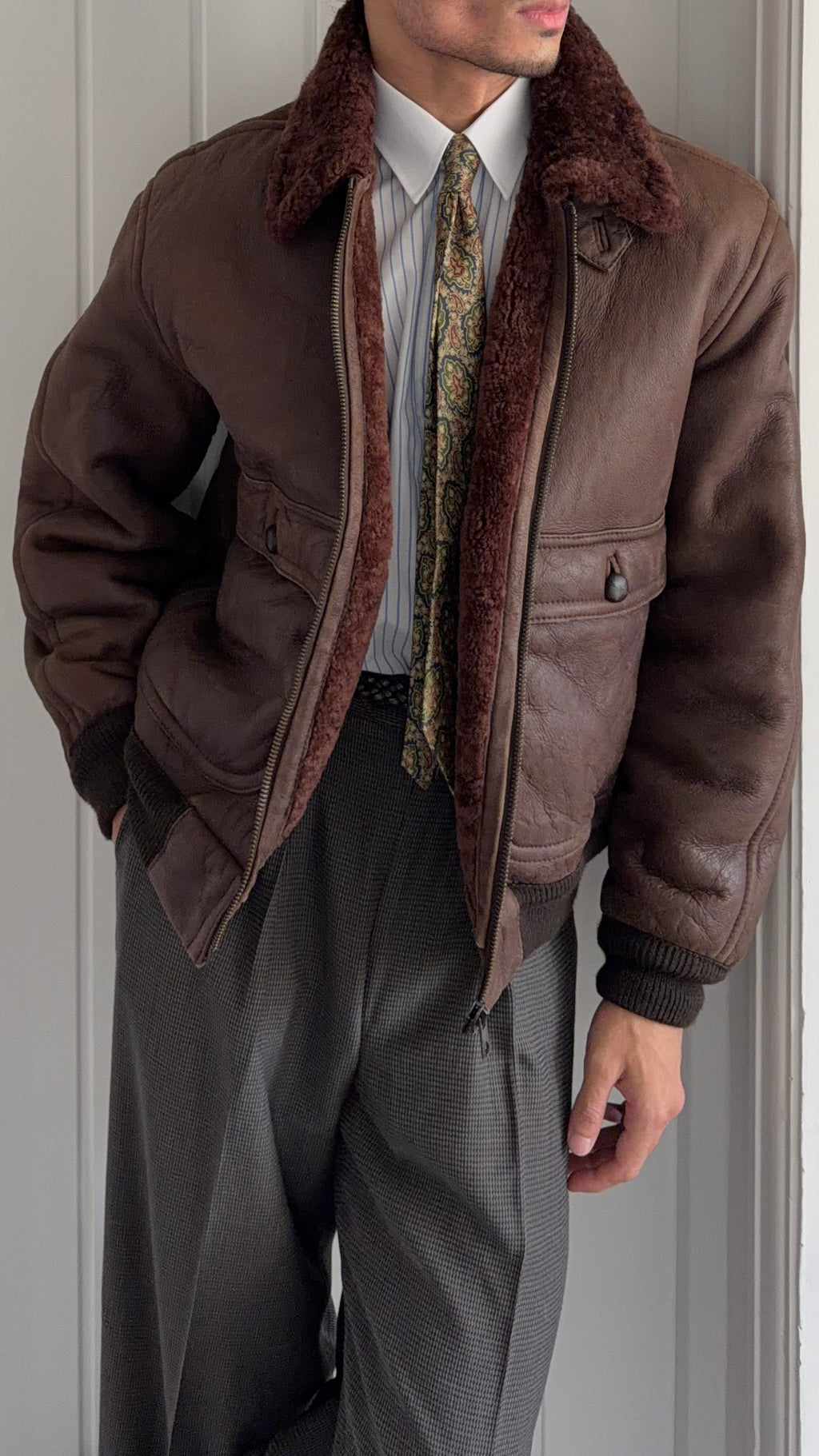 Emporio Armani 1980s Shearling Leather Bomber Jacket - Size M