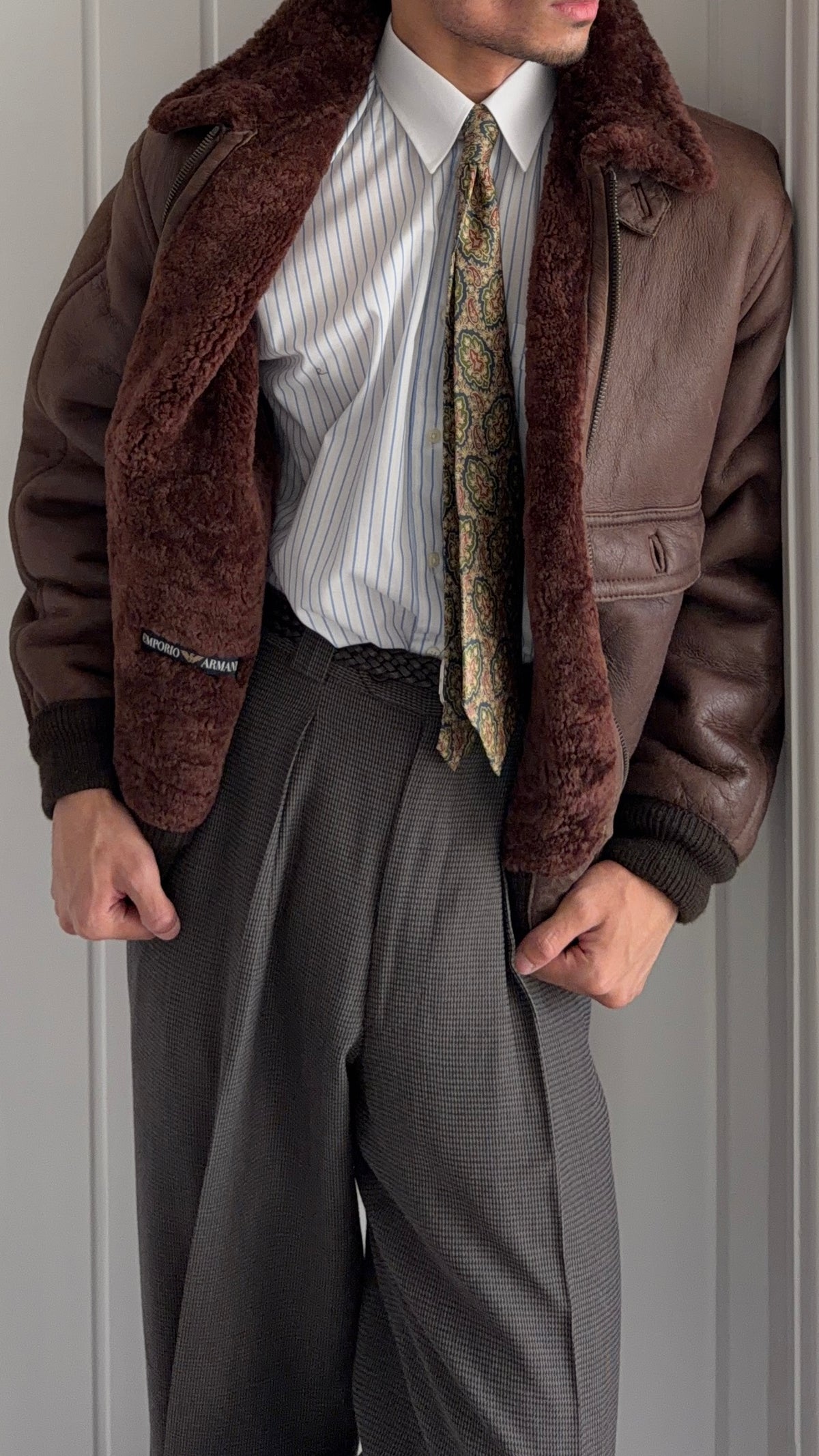 Emporio Armani 1980s Shearling Leather Bomber Jacket - Size M