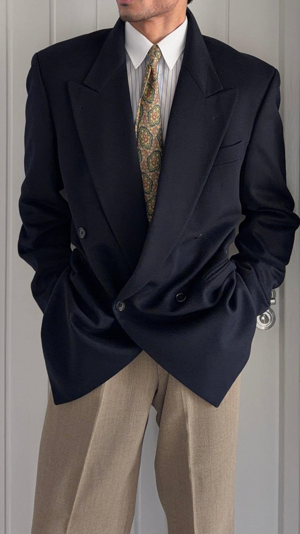 Hugo Boss 1990s Loro Piana Wool Cashmere Double Breasted Sport Jacket Blazer Navy Blue - Size L