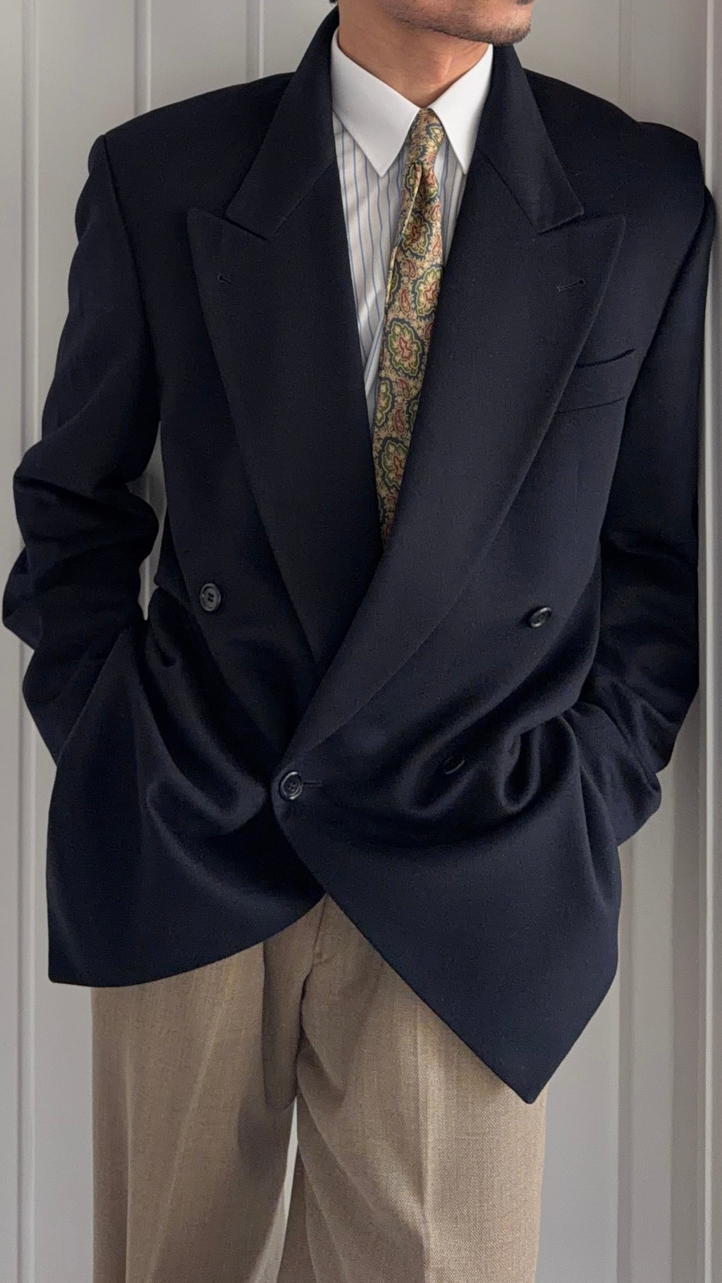 Hugo Boss 1990s Loro Piana Wool Cashmere Double Breasted Sport Jacket Blazer Navy Blue - Size L