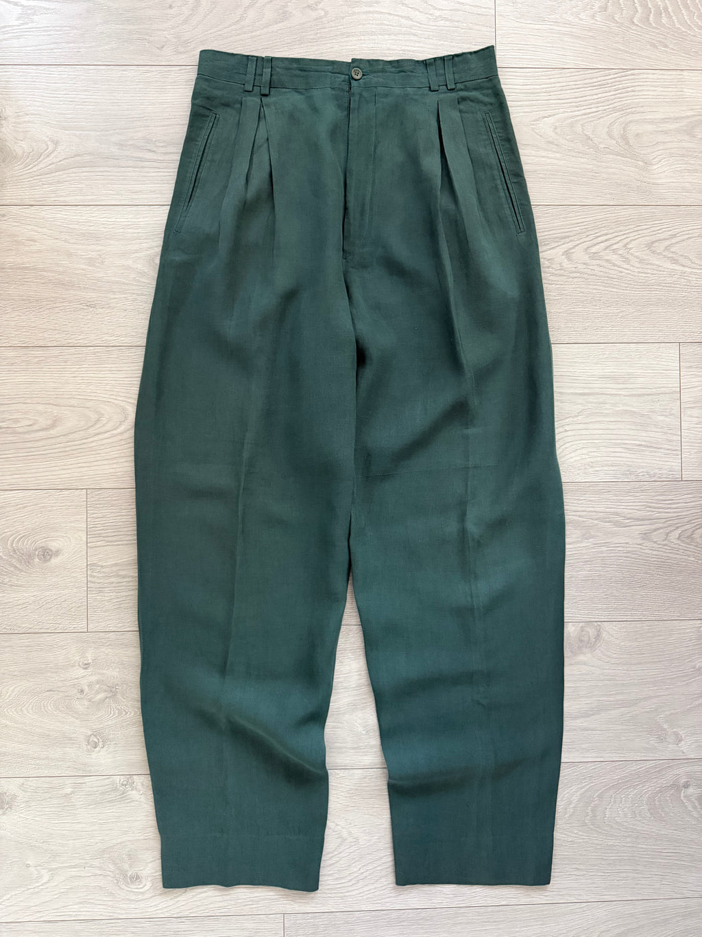 Hilton 1990s Vestimenta Armani Linen Triple Pleat Pants Green - Size 33" Waist