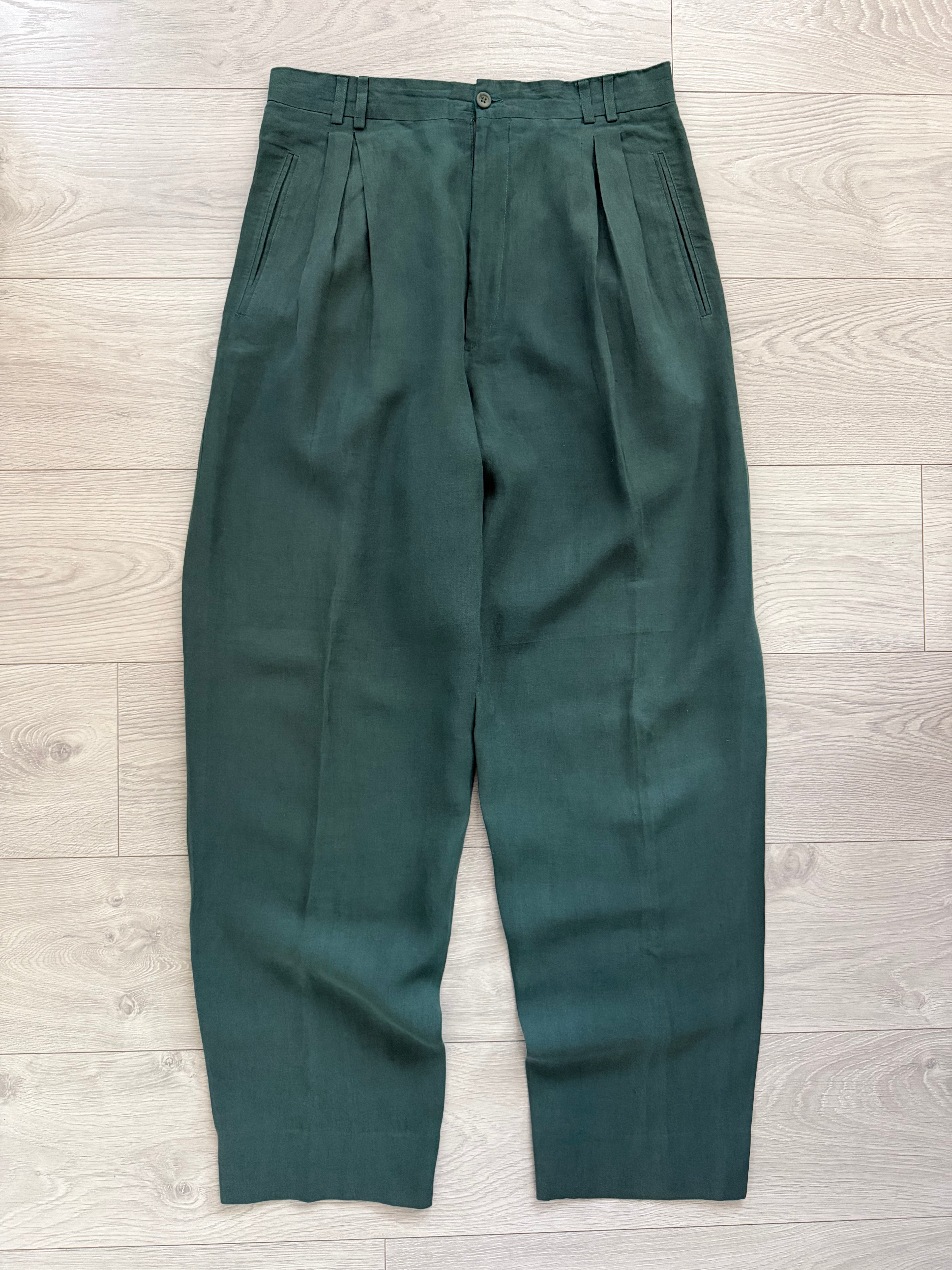 Hilton 1990s Vestimenta Armani Linen Triple Pleat Pants Green - Size 33" Waist