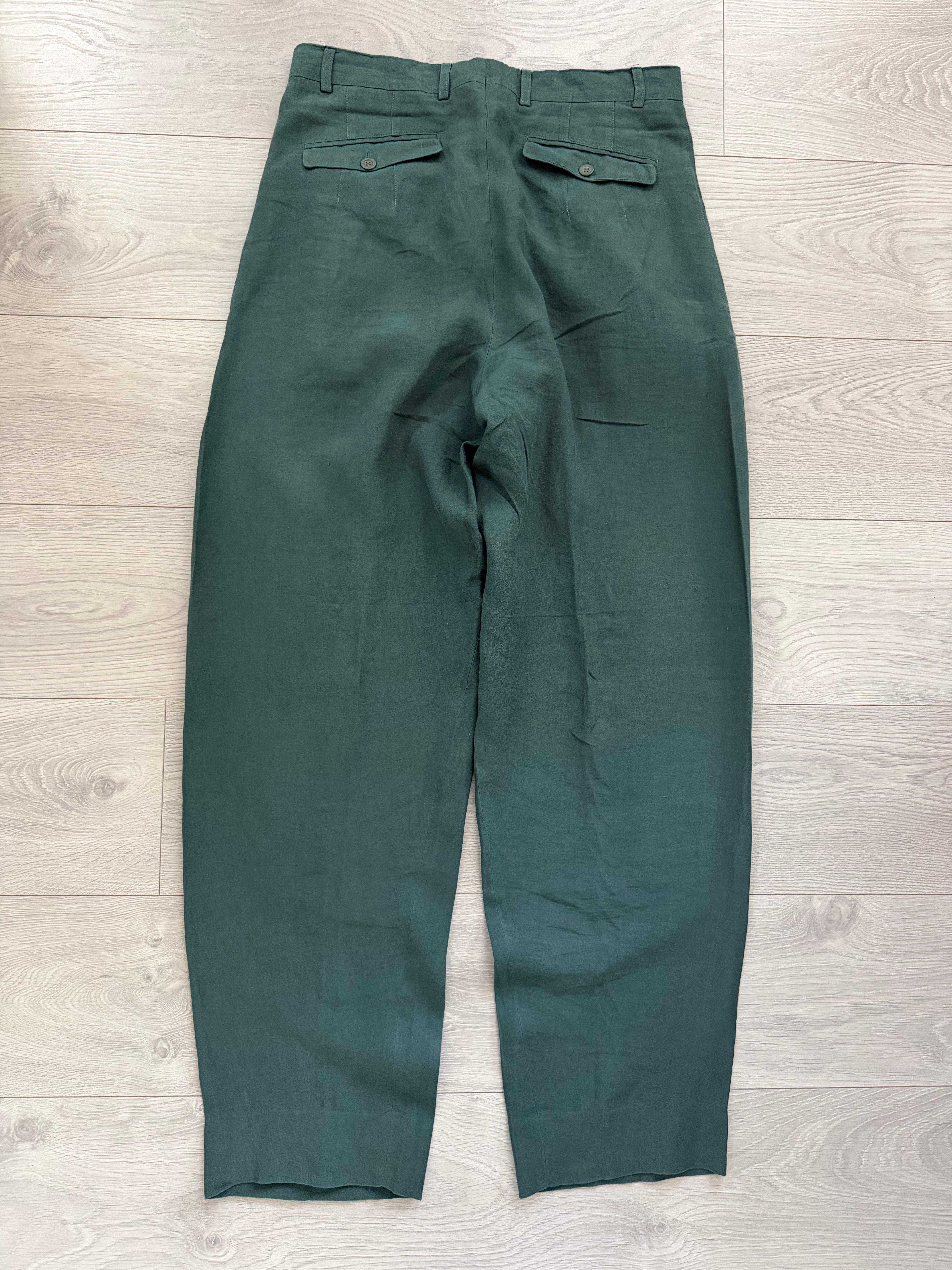 Hilton 1990s Vestimenta Armani Linen Triple Pleat Pants Green - Size 33" Waist