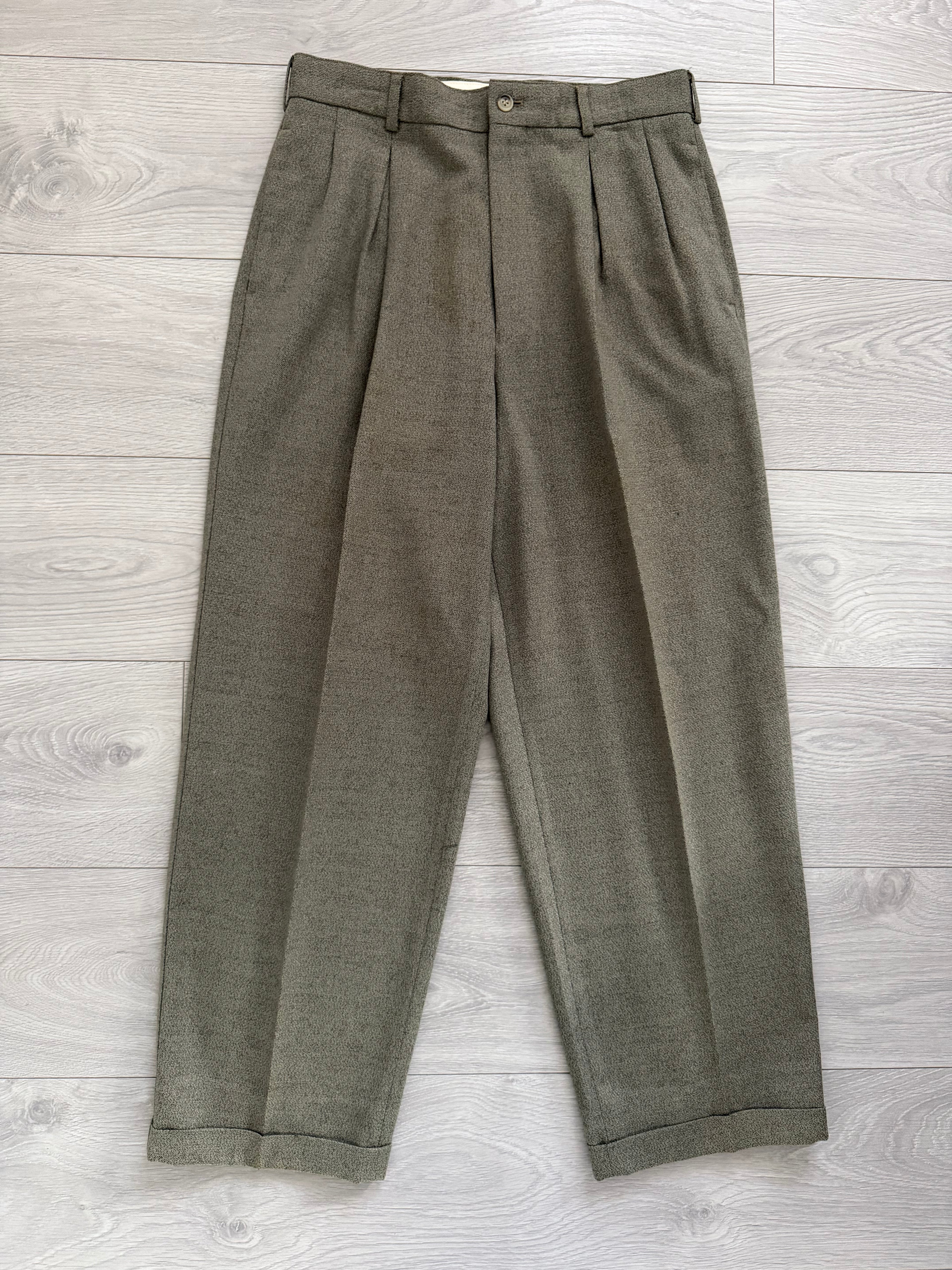 Emporio Armani 1990s Triple Pleat Draped Textured Wool Nylon Pants Taupe Green - Size 32" Waist