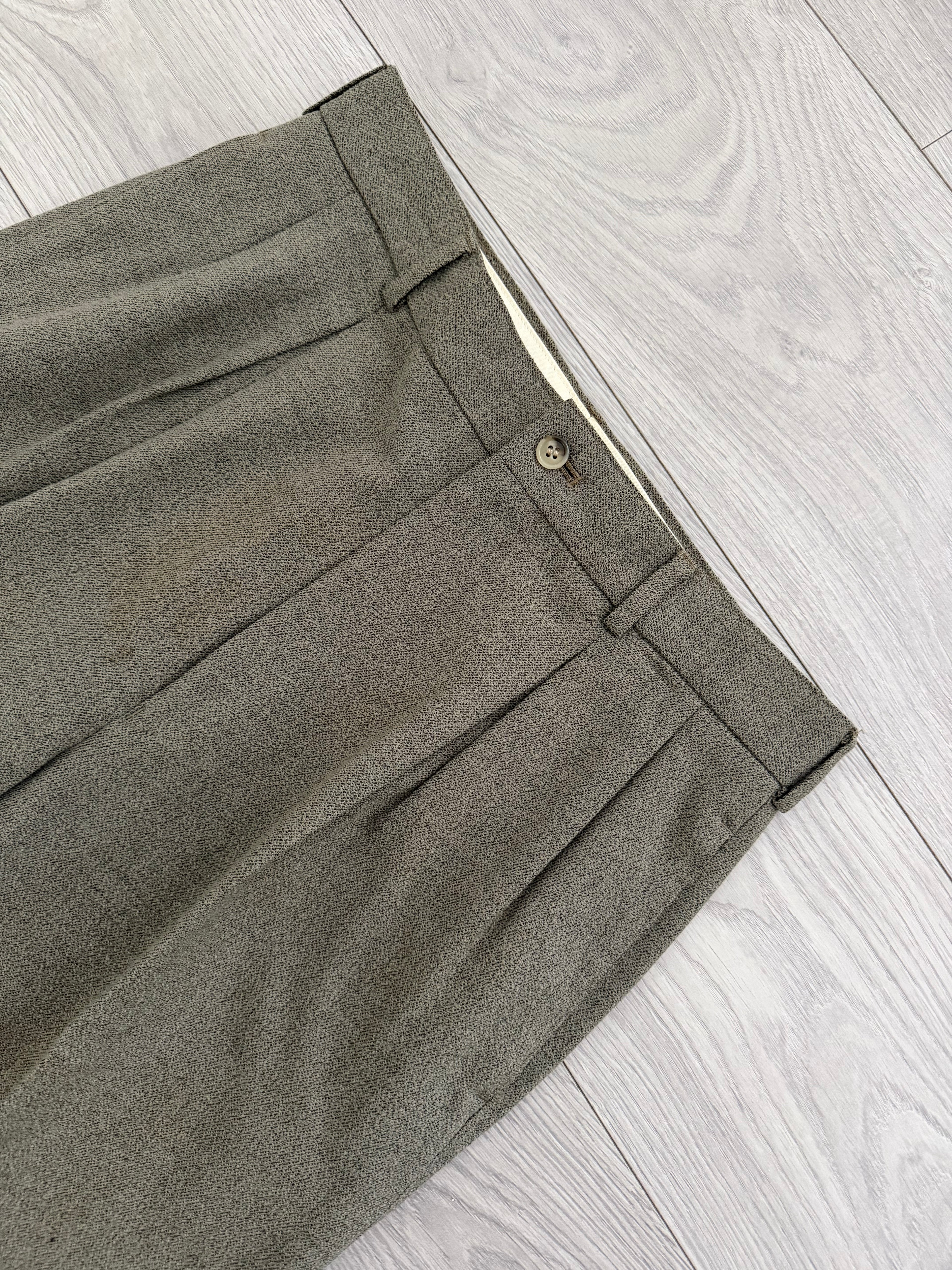 Emporio Armani 1990s Triple Pleat Draped Textured Wool Nylon Pants Taupe Green - Size 32" Waist