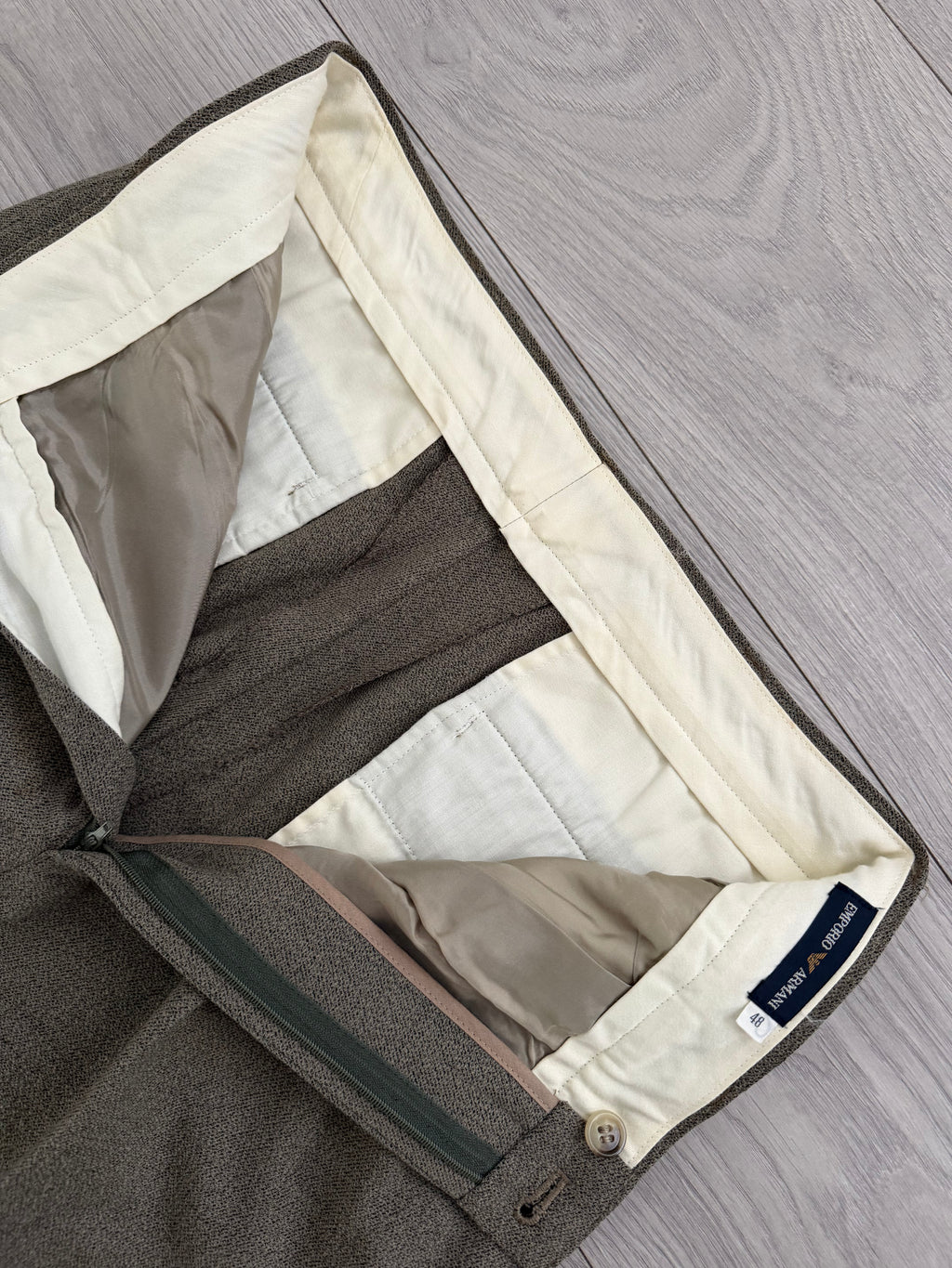 Emporio Armani 1990s Triple Pleat Draped Textured Wool Nylon Pants Taupe Green - Size 32" Waist