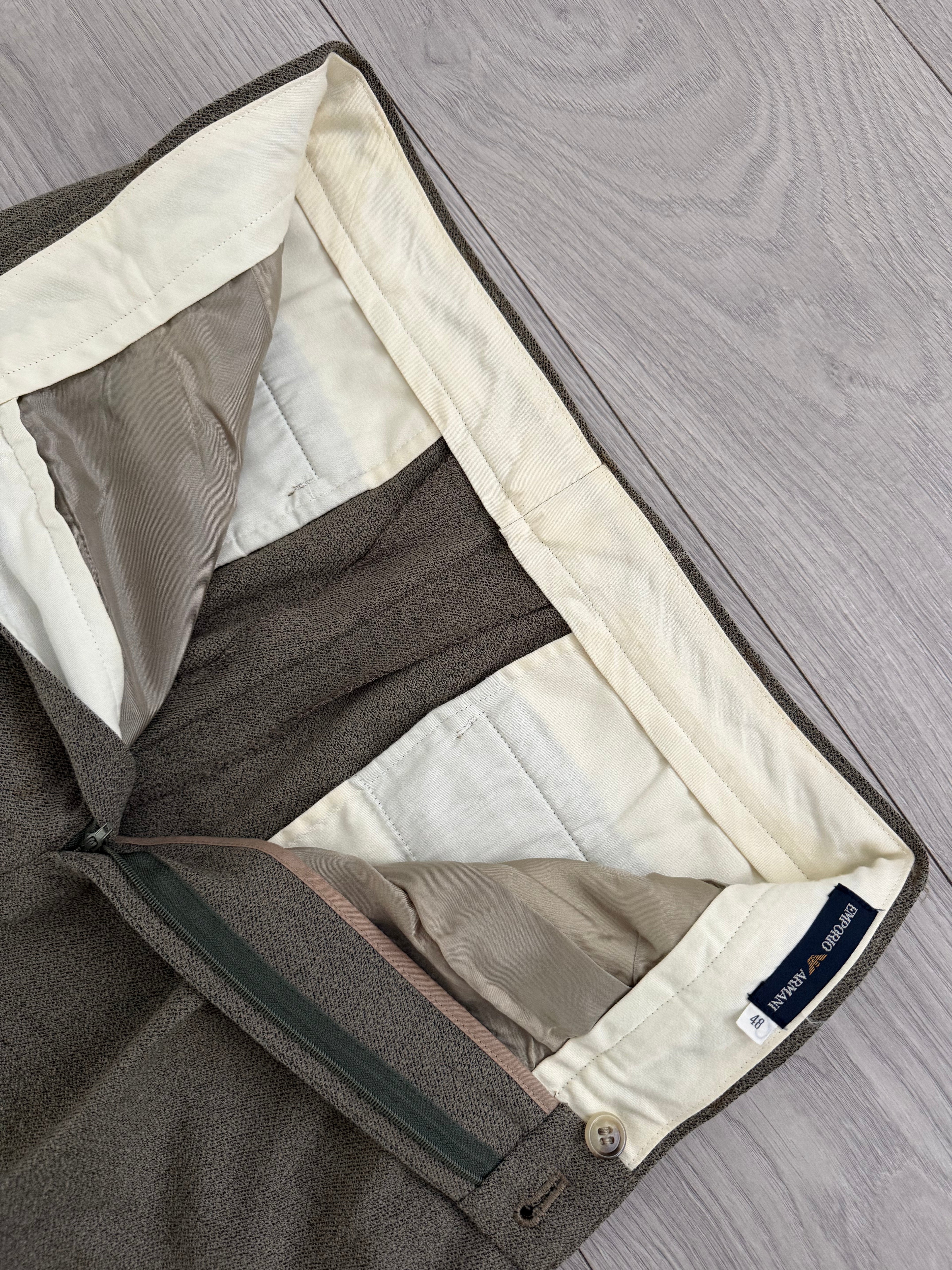 Emporio Armani 1990s Triple Pleat Draped Textured Wool Nylon Pants Taupe Green - Size 32" Waist