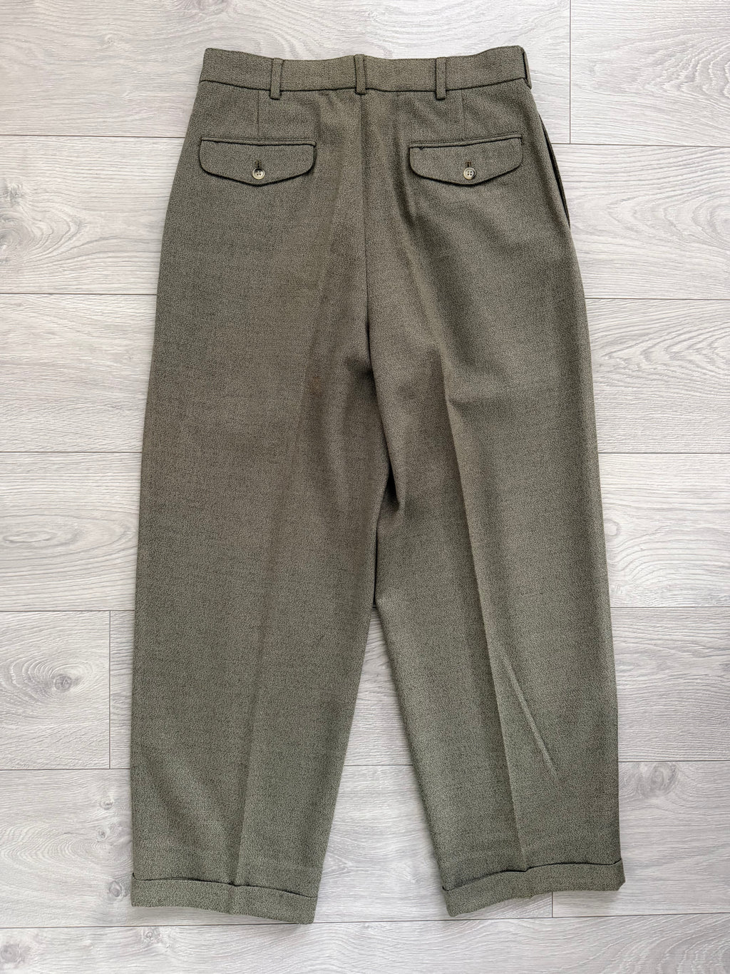 Emporio Armani 1990s Triple Pleat Draped Textured Wool Nylon Pants Taupe Green - Size 32" Waist