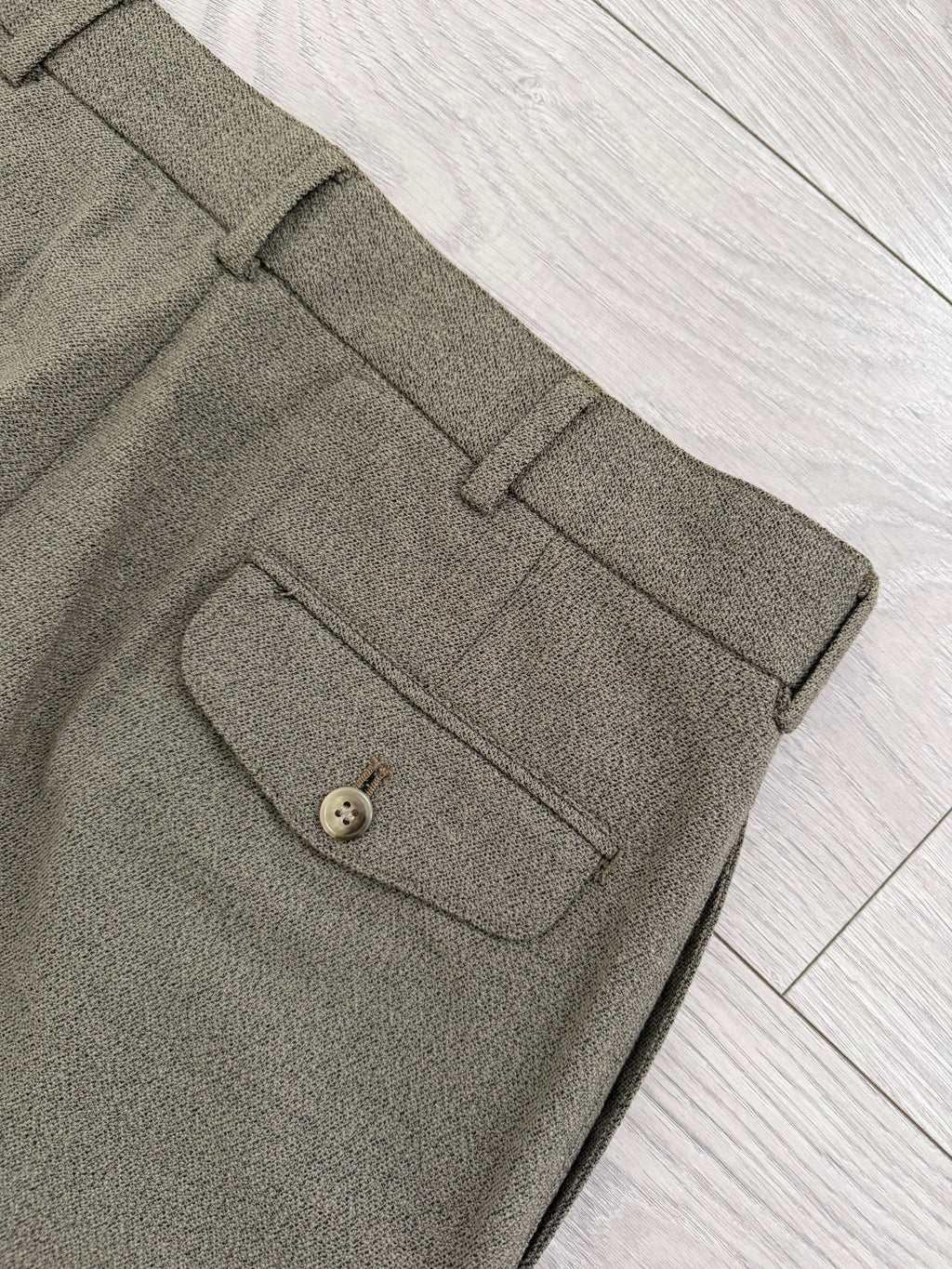 Emporio Armani 1990s Triple Pleat Draped Textured Wool Nylon Pants Taupe Green - Size 32" Waist