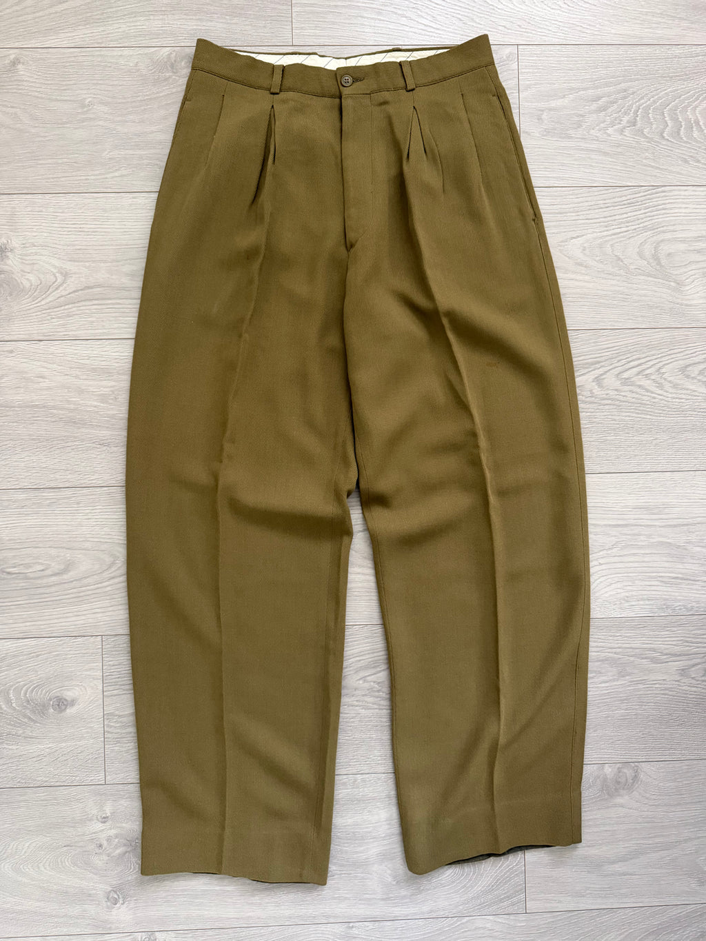 Emporio Armani 1990s Triple Pleat Draped Textured Wool Rayon Pants Taupe Khaki - Size 31" Waist