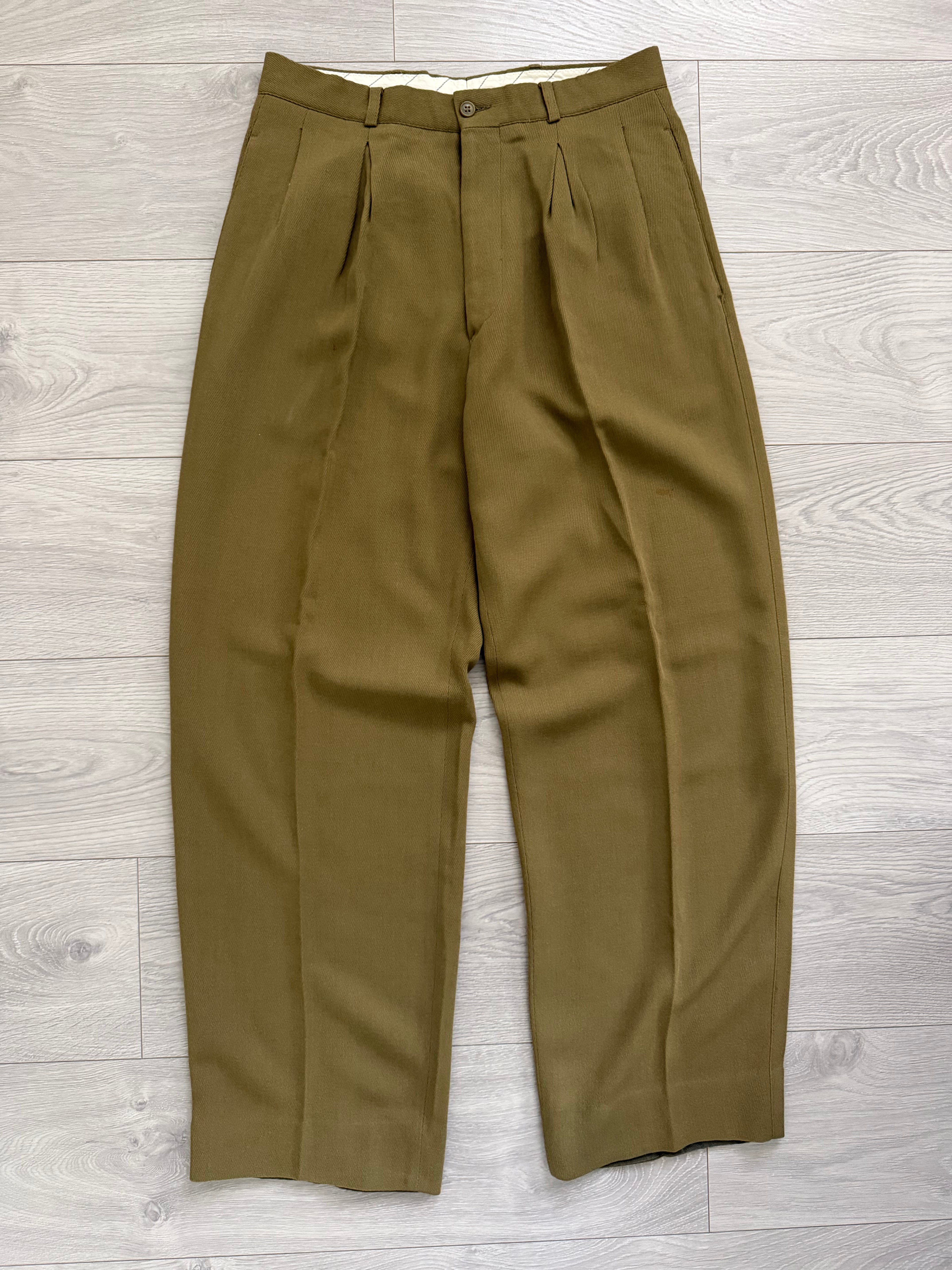 Emporio Armani 1990s Triple Pleat Draped Textured Wool Rayon Pants Taupe Khaki - Size 31" Waist