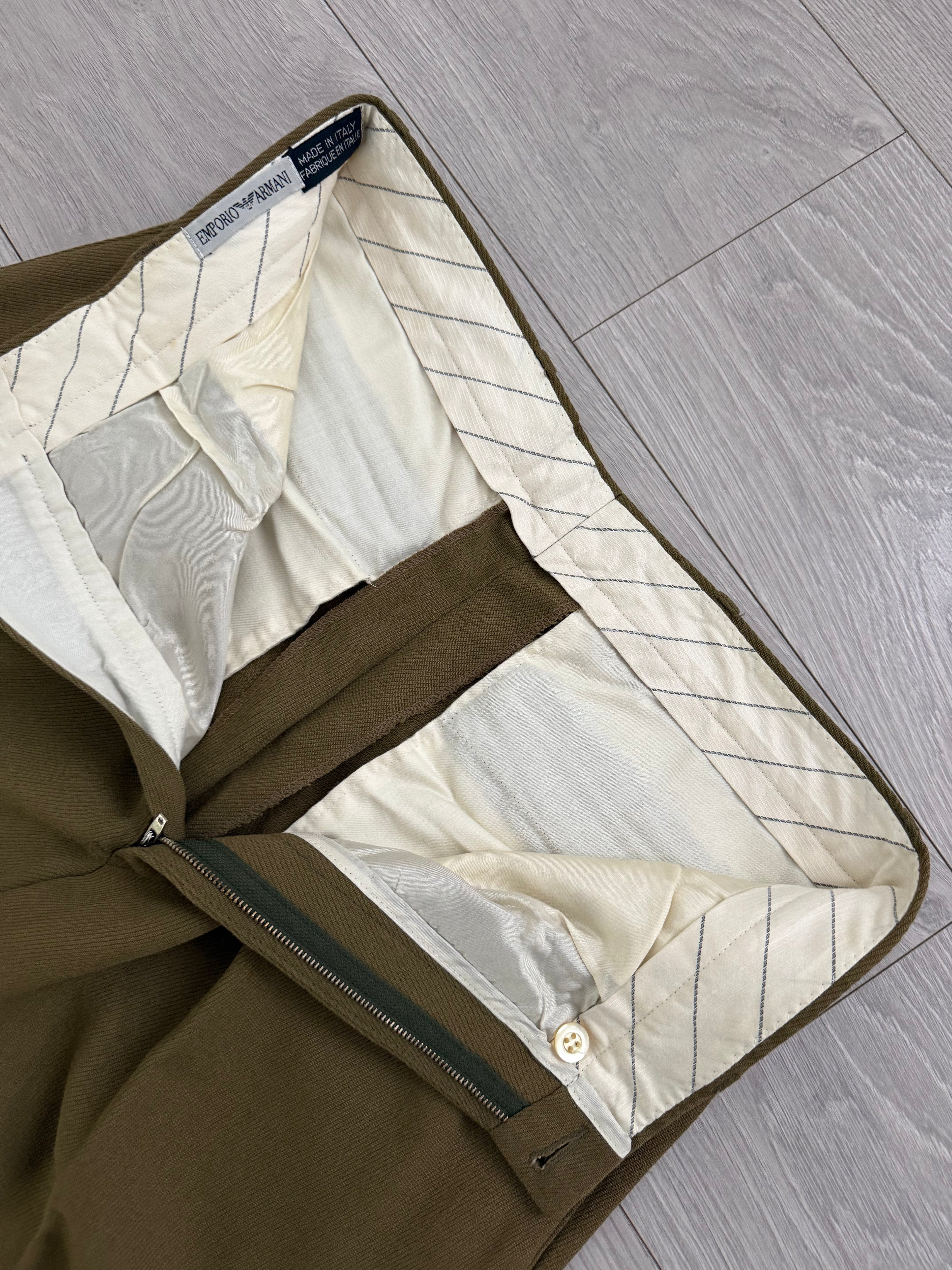 Emporio Armani 1990s Triple Pleat Draped Textured Wool Rayon Pants Taupe Khaki - Size 31" Waist