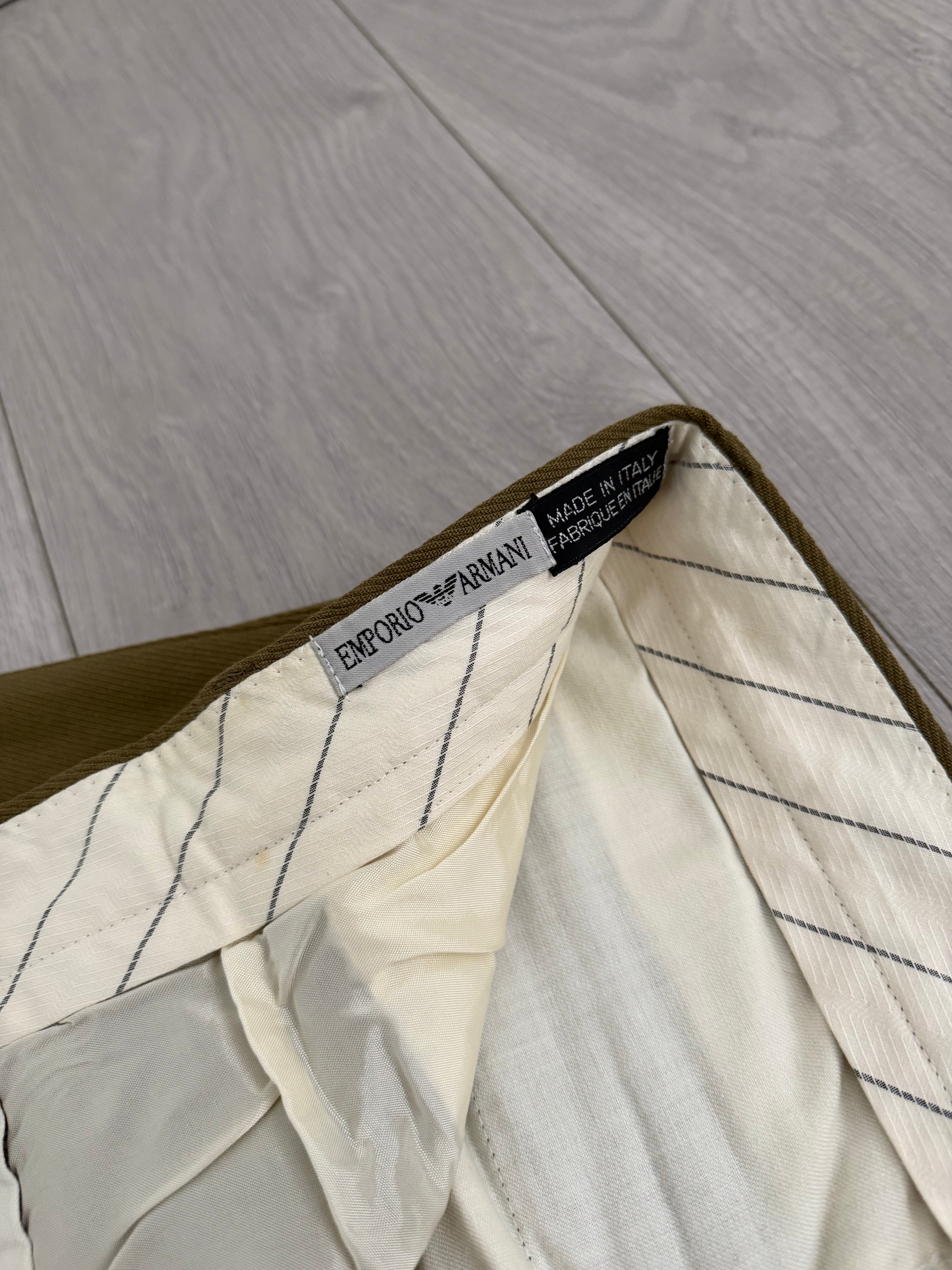Emporio Armani 1990s Triple Pleat Draped Textured Wool Rayon Pants Taupe Khaki - Size 31" Waist